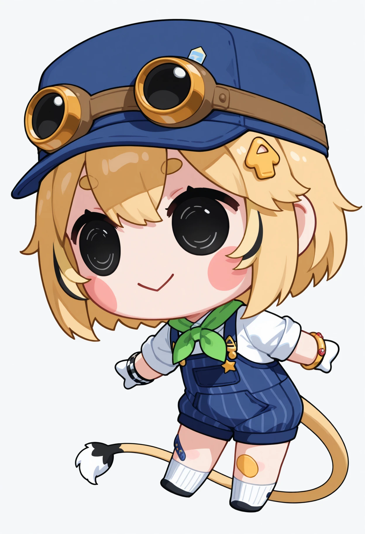 masterpiece, best quality, 1girl, solo, D00byDef, blonde hair, streaked sidelocks, black hair, short hair, hair ornament, blue hat, googles on headwear, green neckerchief, white shirt, sleeves rolled up, overall shorts, vertical-striped overalls, white gloves, bracelet, bandaid on knee, white socks, tail, chibi, full body, blush stickers, black eyes, simple background, smile, :>, <lora:style_beegsmol_noobAIXL11EPS-GLoRA:1>, <lora:ChamDoobyNoob:1>