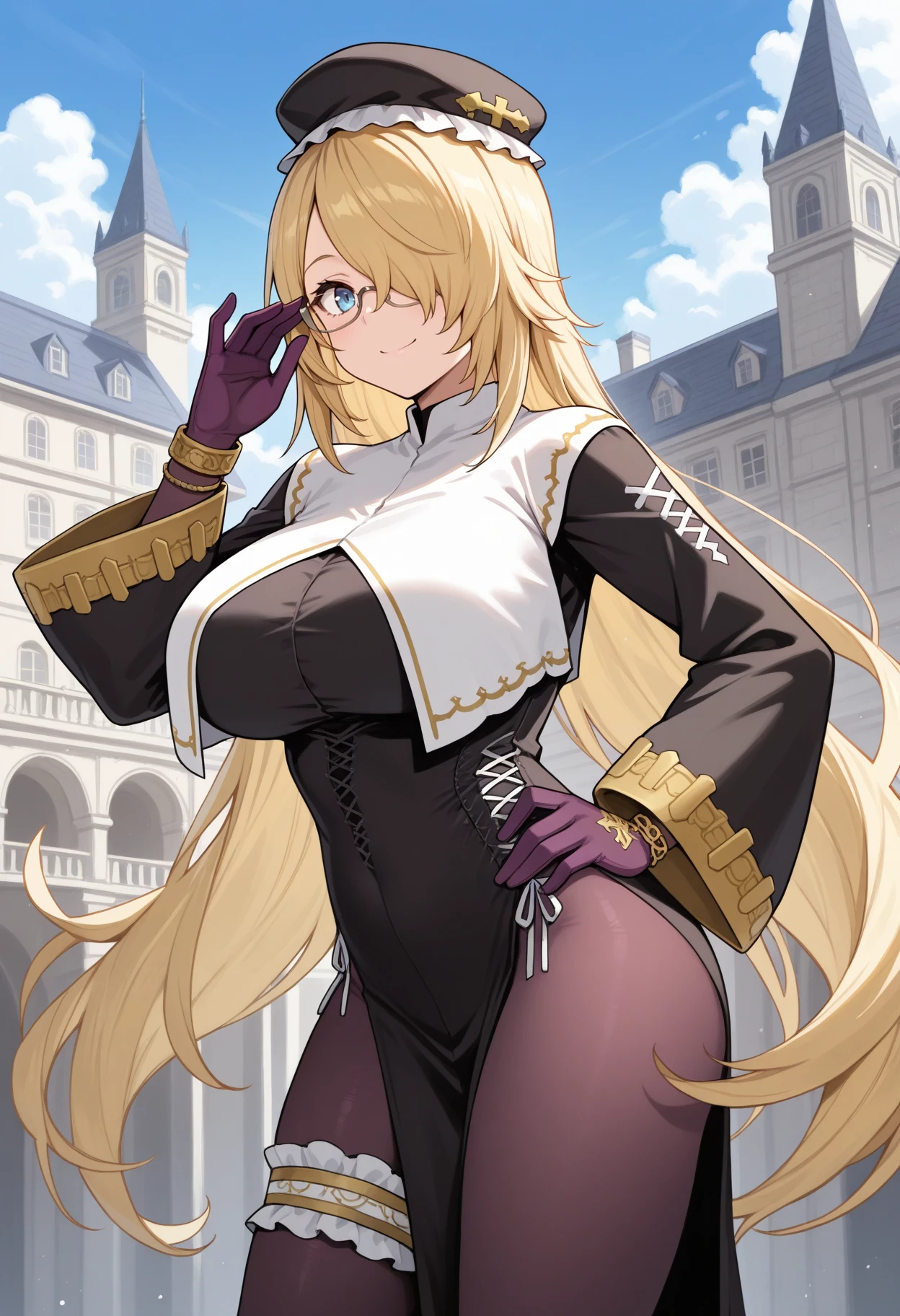 1girll,Solo,((domineering lady)),Ray tracing,((payot)),(Best quality), ((Masterpiece)), Original,((30 years old girl)),90's,Lens flare,Backlight,Depth of field,Cyberpunk city,Gothic architecture,vaporwave,Mature female body,(((finely detailed beautiful eyes and detailed face))),((pervert smirk)),((disdain)),hair between eye,hime_cut,mediating_Breasts,((Messy_Hair)),Very_Long_Hair,blond hairbl,Shiny hair,(Mature woman),((Wavy_Hair)),((Dark green eyes)),backless outfit,shoulder cutout,Black glasses,[School swim wear:bulletproof_vest:0.3],Hoodie,battle garment,a garter belt,a garter belt, [Realistic face:Anime screenshot face:0.7],Evil smile,((without nose)),armlets,Tactical bulletproof vest,(((anime screenshot))),belt