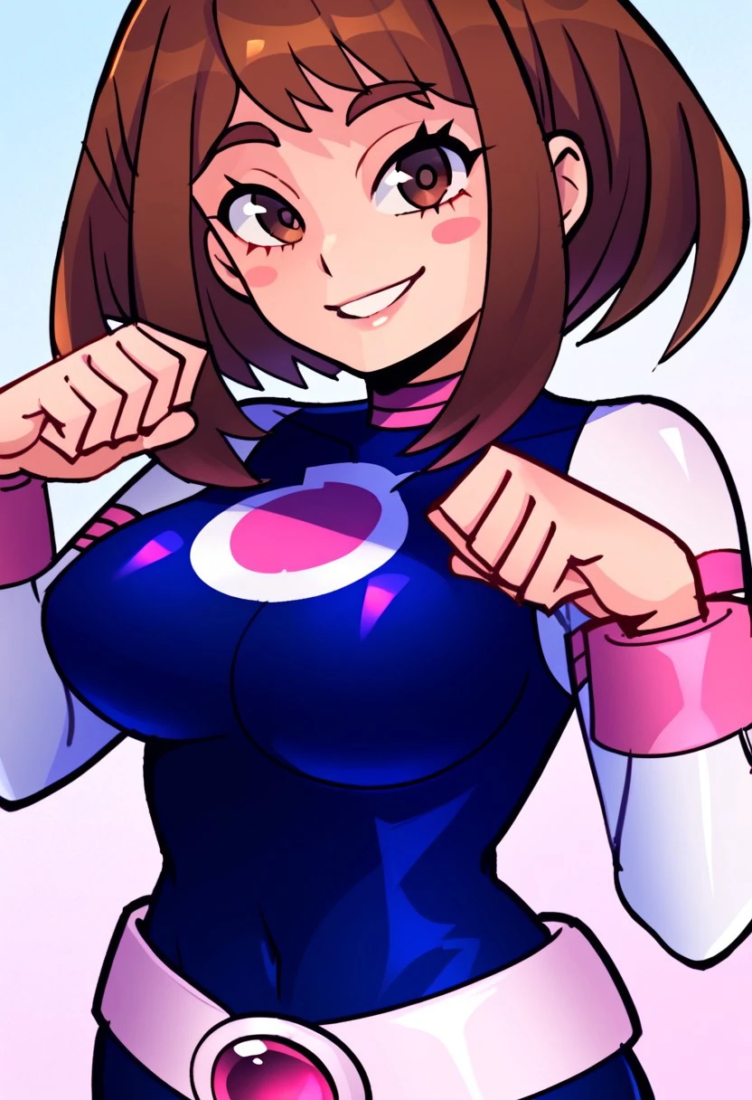 score_9, score_8_up, score_7_up, score_6_up, score_5_up, score_4_up, source_anime, <lora:confetti-extract- ponyxl:0.85>, detailed eyes, easynegative, rating_explicit, Expressiveh, 1girl, solo, jian, Big breasts, large breasts, smiling at viewer, lips, close up, close to viewer
uraraka ochako, uravity outfit, uraraka ochako, 1girl, brown hair,brown eyes,short hair, blush stickers, superhero, hero bodysuit,pink belt, pink wrist guards,