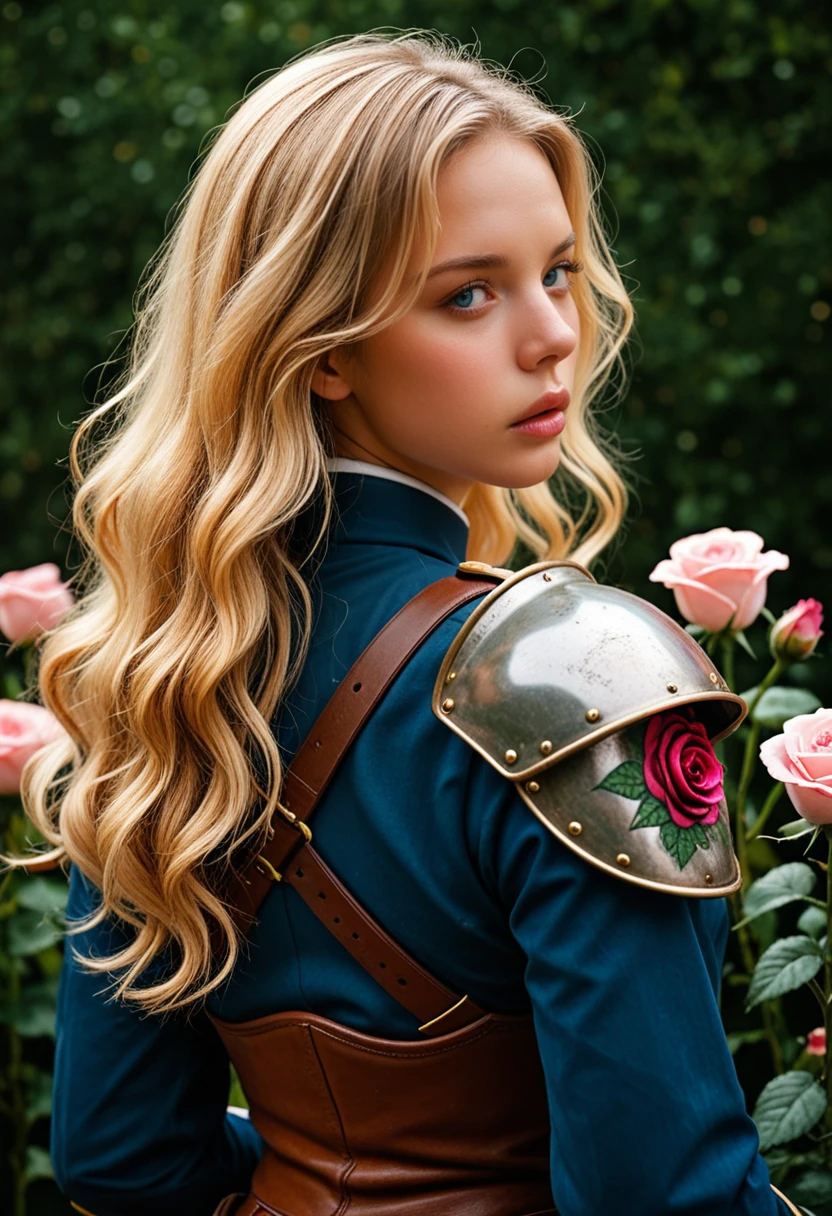 Photorealistic picture, depth of field, 1girl, long hair, looking at viewer, blue eyes, blonde hair, long sleeves, upper body, flower, parted lips, looking back, from behind, armor, uniform, lips, petals, rose, wavy hair, shoulder armor, pink flower, pink rose