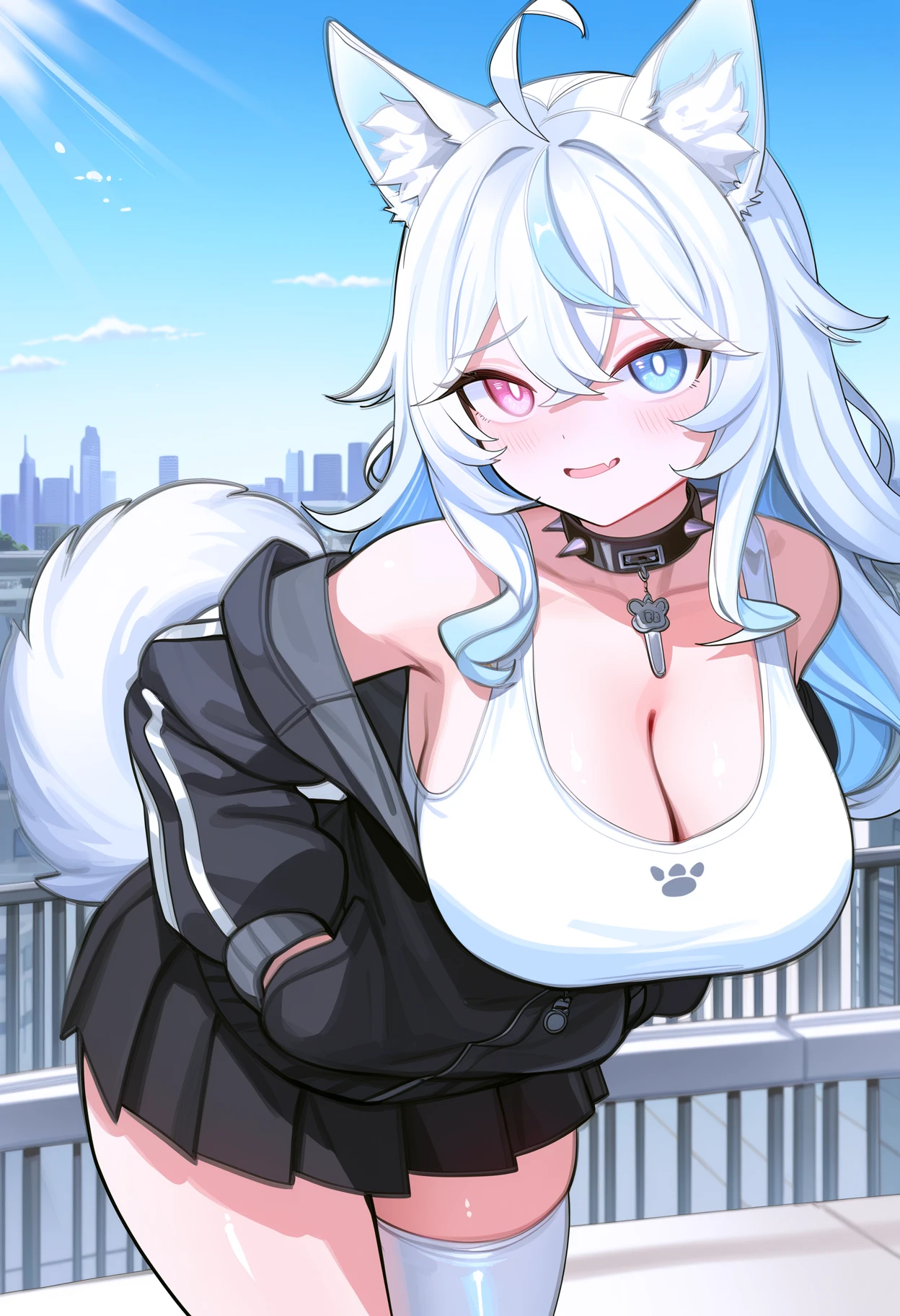 best quality, best resolution, (fluffy anthro furry), arctic fox girl, silver hair, blue eyes, (white fur), long straight hair, fox ears, big breast, sophisticated manner, (black strapless leotard, hairband with rabbit ears, bowtie, cuffs, fishnet stockings), night club, embarrassed