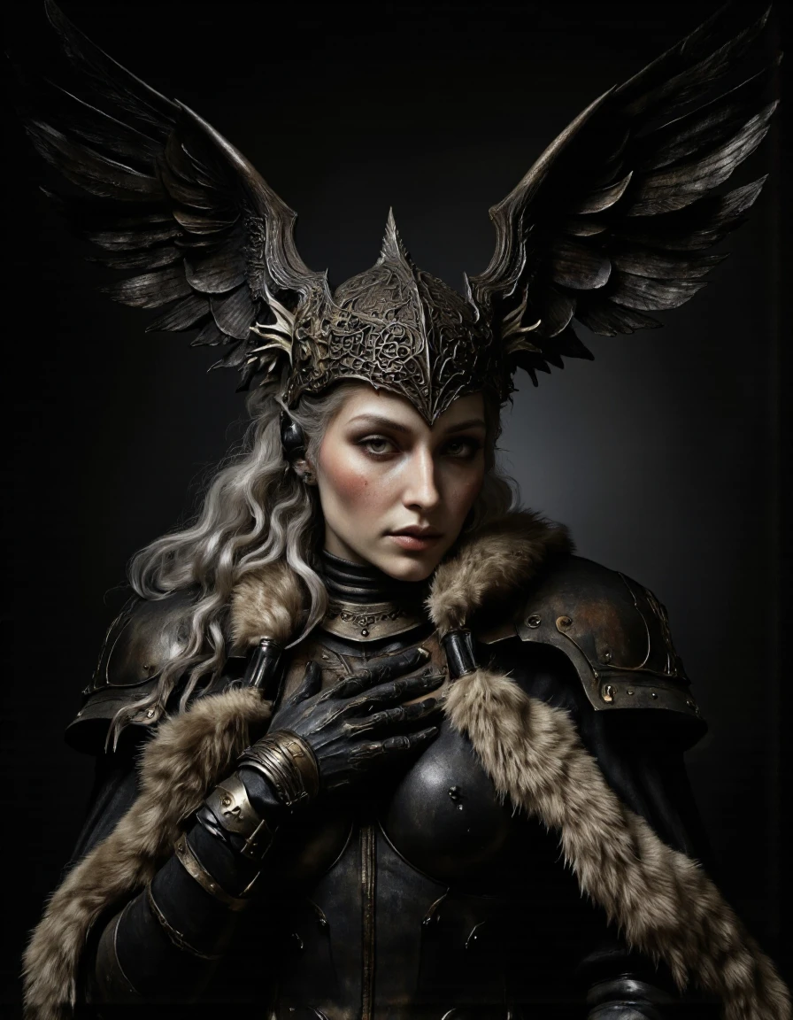 By Monstfactum & Anato Finnstark.
A dark fantasy portrait, shot from a portrait camera angle, about a female character wearing a dark, ornate helmet with wings and a fur-lined cape, set against a dark background with a dramatic lighting effect. the image also shows intricate, detailed armor and a dramatic pose. on the middle of the image, a woman appears to be in her early twenties, with a serious expression, looking directly at the viewer. she has long, wavy, silver hair and is wearing dark armor with intricate designs, including shoulder armor, breastplate, and pauldrons. her hair is styled in a long, flowing manner, and her eyes are looking to the side. her lips are parted, and she has a mole on her breast. she is wearing a black, leather-like outfit with a fur collar. the overall mood is dark and moody, with dramatic lighting that accentuates her features.