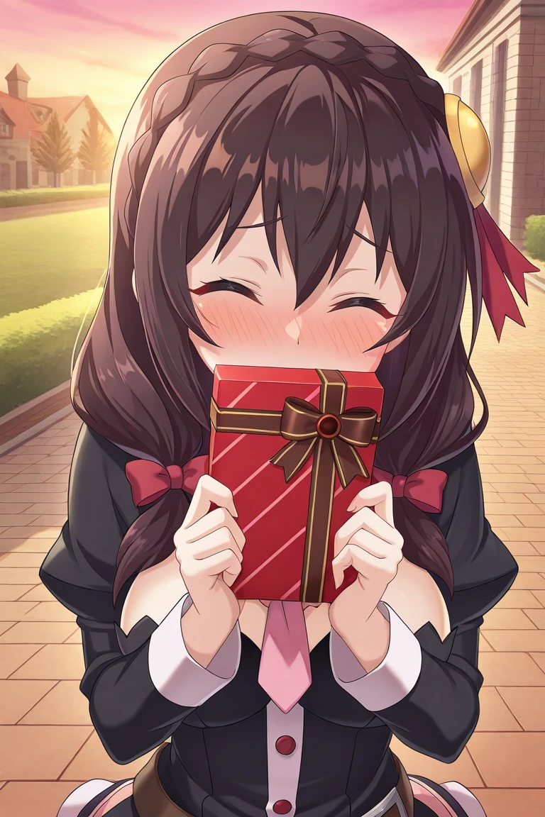 masterpiece,best quality,amazing quality, KonosubaFantasticDays-Liver020, 1girl, yunyun \(konosuba\), looking at viewer, blush, valentine, closed eyes, holding gift, solo, outdoors