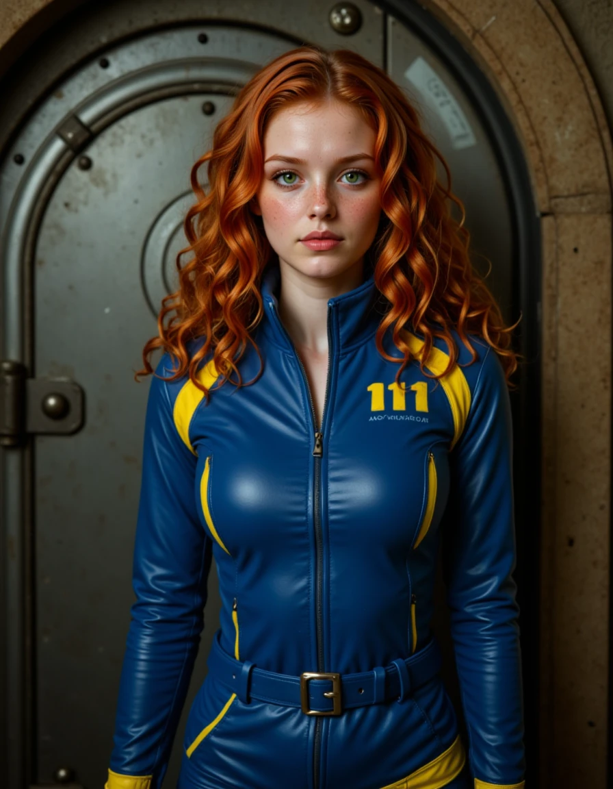 <lora:Gingerella_-_OC_For_Flux:1> a realistic cinematic photo of g1ng3r3ll4_flux woman with ginger hair, olive green eyes, freckles, long curly and wavy hair, her body type is petite and busty, she stands next to a large vault door similar to ones found within the Fallout video games genre, she wears a blue vault suit with yellow stripes and details including the numbers "111" positioned on upper chest,