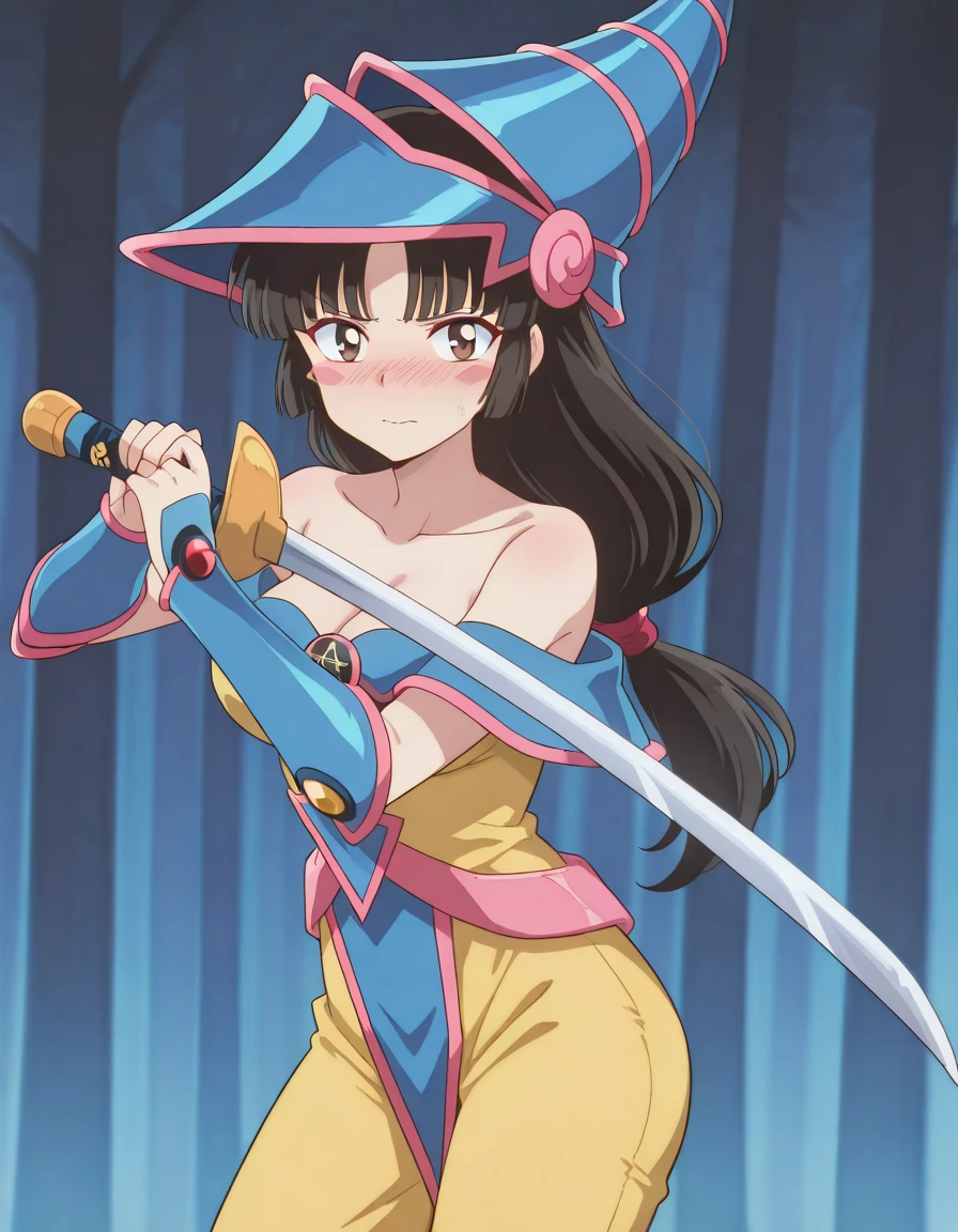 masterpiece, best quality, amazing quality,, <lora:inuyasha-sango-anime-s4-illustriousxl-lora-nochekaiser:1>, sango, long hair, black hair, brown eyes, low-tied long hair, mature female, medium breasts, anime screencap, <lora:dark-magician-girl-cosplay-illustriousxl-lora-nochekaiser:1>, dark magician girl cosplay, dark magician girl (cosplay), bare shoulders, blush, blush stickers, cleavage, collarbone, duel monster, hat, off shoulder, pentacle, wizard hat,, <lora:sword-guard-stance-illustriousxl-lora-nochekaiser:1>, sword guard stance, sword, weapon, solo, katana, holding, holding weapon, holding sword, looking at viewer, jumpsuit, yellow jumpsuit, high collar, cowboy shot, pants,, embarrassed, , , ,
