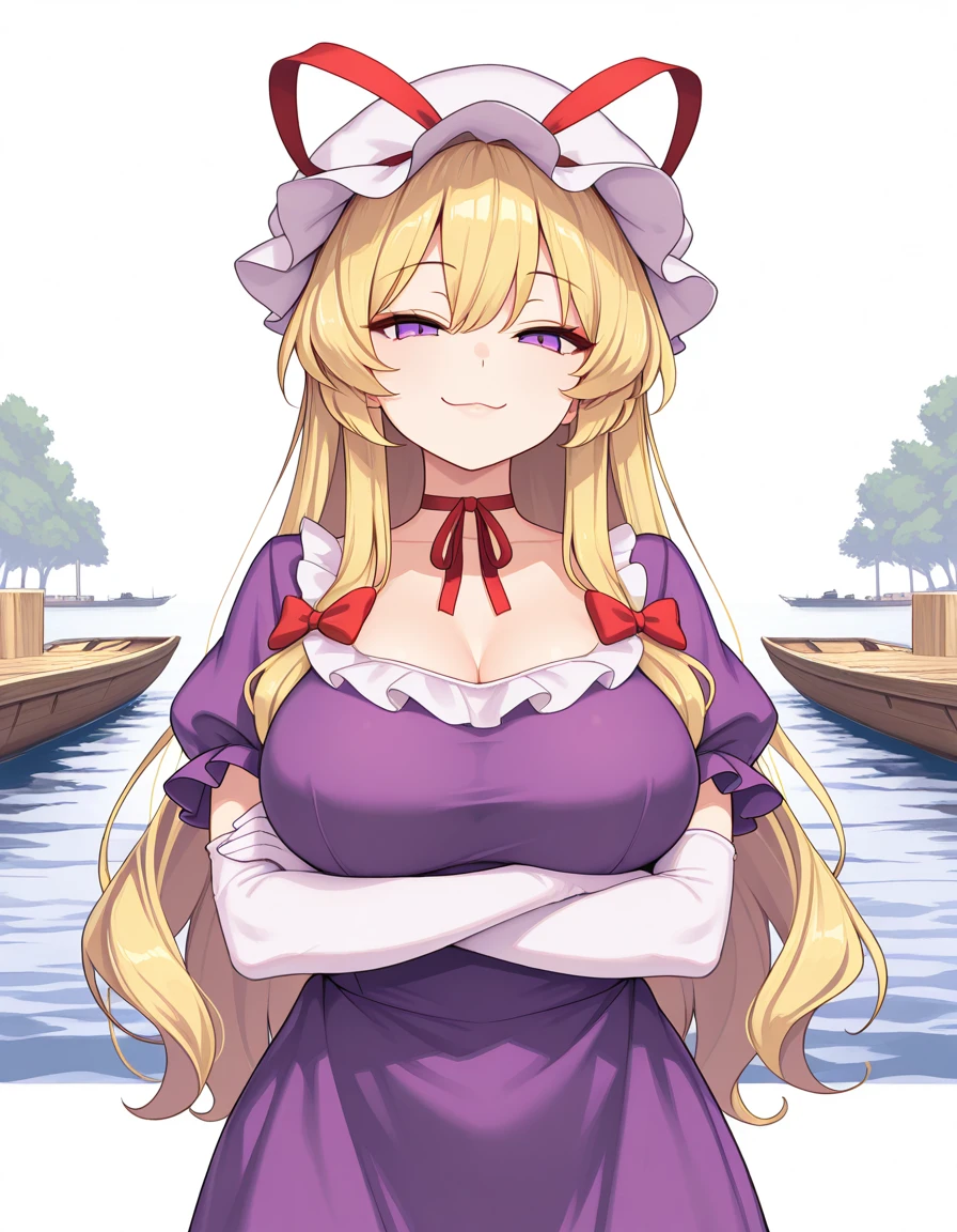 masterpiece,Highest quality,1 Girl,alone,Pokémon-like art style, (gigantic breasts:1.5), MORIYA_SUWAKO_TOUHOU
BLONDE_HAIR, HAT, RIBBON, HAIR_RIBBON, VEST, SMILE, YELLOW_EYES, BANGS, RED_RIBBON, BROWN_HEADWEAR, PURPLE_VEST, SIDELOCKS, SHORT_HAIR