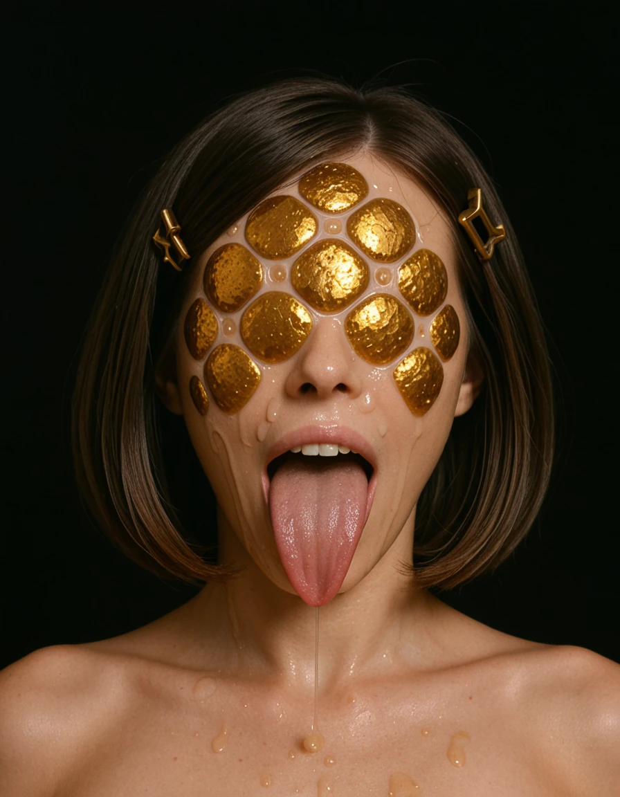<lora:dmd2_sdxl_4step_lora_fp16:1.0>,
<lora:Honeycomb_Alien-000008:0.9> honeycomb_face, faceless alien, (long_tongue:1.2),
bob hair with Decorative Side Clip,
tongue out, open mouth, teeth,
slime (substance), Metallic hex,
black background,