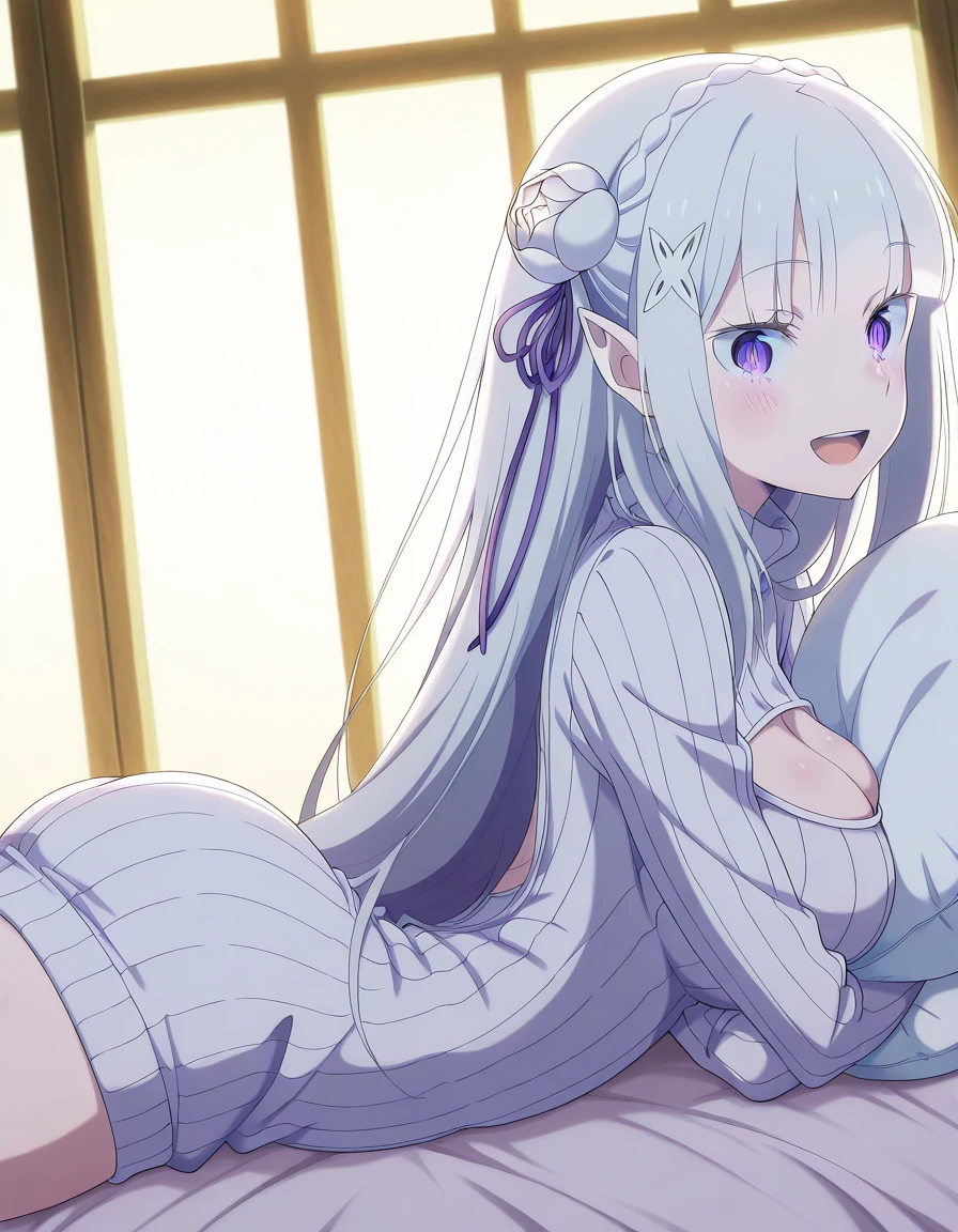 masterpiece, best quality, amazing quality,, <lora:rezero-emilia-s3-p2-illustriousxl-lora-nochekaiser:1>, emilia, emilia (re:zero), braid, crown braid, flower, hair flower, hair ornament, hair ribbon, long hair, pointy ears, purple eyes, white hair, x hair ornament, mature female, breasts, anime screencap, <lora:open-chest-sweater-illustriousxl-lora-nochekaiser:1>, open-chest sweater, ribbed sweater, cleavage cutout, meme attire, clothing cutout, turtleneck, sweater dress, cleavage,, <lora:on-stomach-from-side-illustriousxl-lora-nochekaiser:1>, on stomach from side, on stomach, from side, on bed, pillow, pillow hug, looking at viewer, blush, parted bangs, ass, thighs, :d, open mouth, , ,