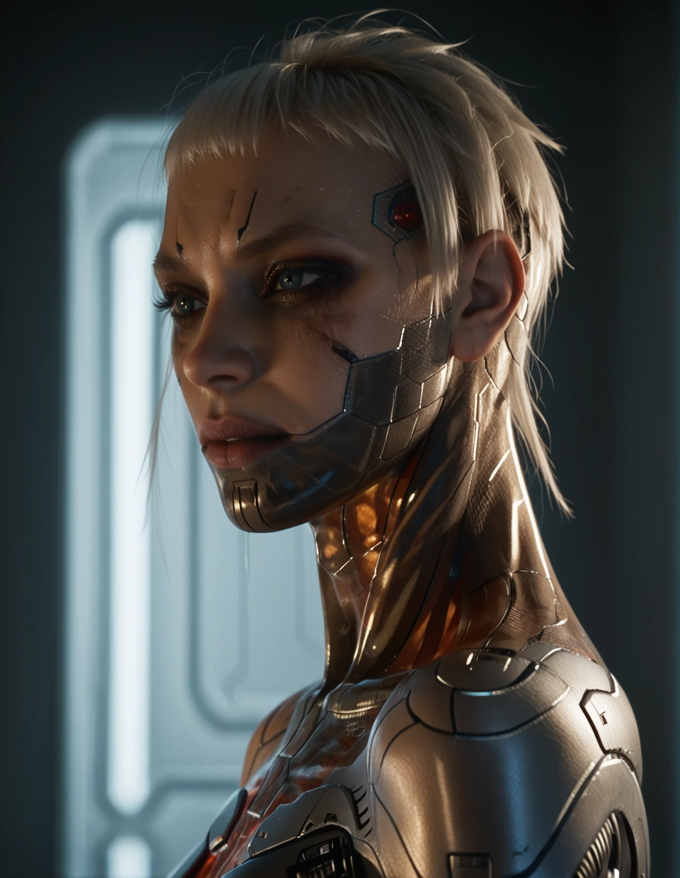 1 girl, solo, (look at viewer), ((Best quality)), ((masterpiece)), (detailed:1.4), ((upper body)), 3D, an image of a beautiful cyberpunk female,HDR (High Dynamic Range), Ray Tracing,NVIDIA RTX,Super-Resolution,Unreal 5,Subsurface scattering,PBR Texturing,Post-processing,Anisotropic Filtering,Depth-of-field,Maximum clarity and sharpness,Multi-layered textures,Albedo and Specular maps,Surface shading,Accurate simulation of light-material interaction,Perfect proportions,Octane Render,Two-tone lighting,Wide aperture,Low ISO,White balance,Rule of thirds,8K RAW, (((red eyes))), (((liquid metal black short hair))), PEEBEE, (dark skin:1.2), red eyes,,, medium breasts, blacl/gold bodysuit, belt, (( gold/silver amor))