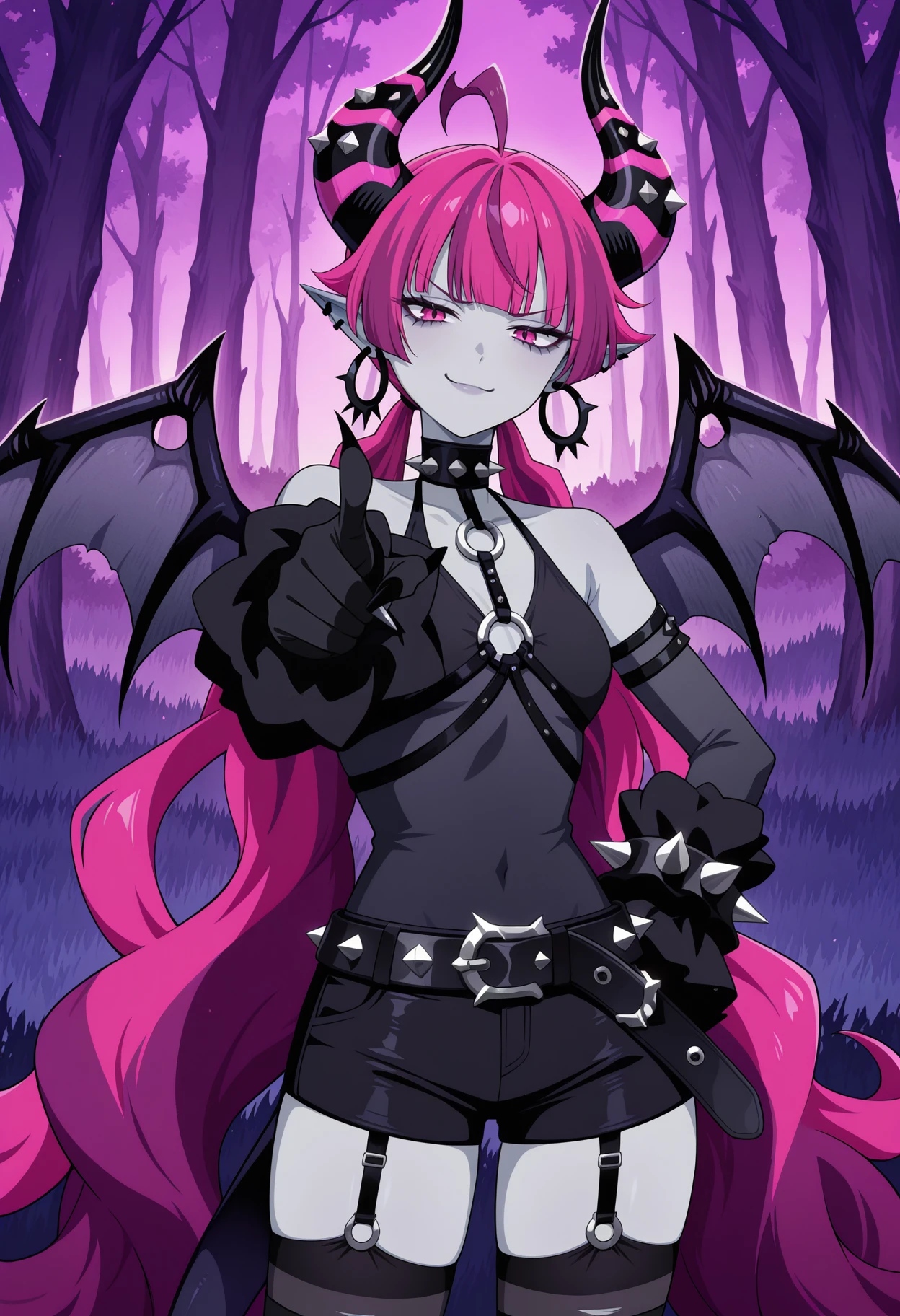 a girl in her 20s with multicolored medium length hair and bangs, taking a selfie,her horns and pointly ears visible, wearing goth clothing, has a seductive look on her face,her long eyelashes inviting her next victim, magazine cover, genshin impact style clothing