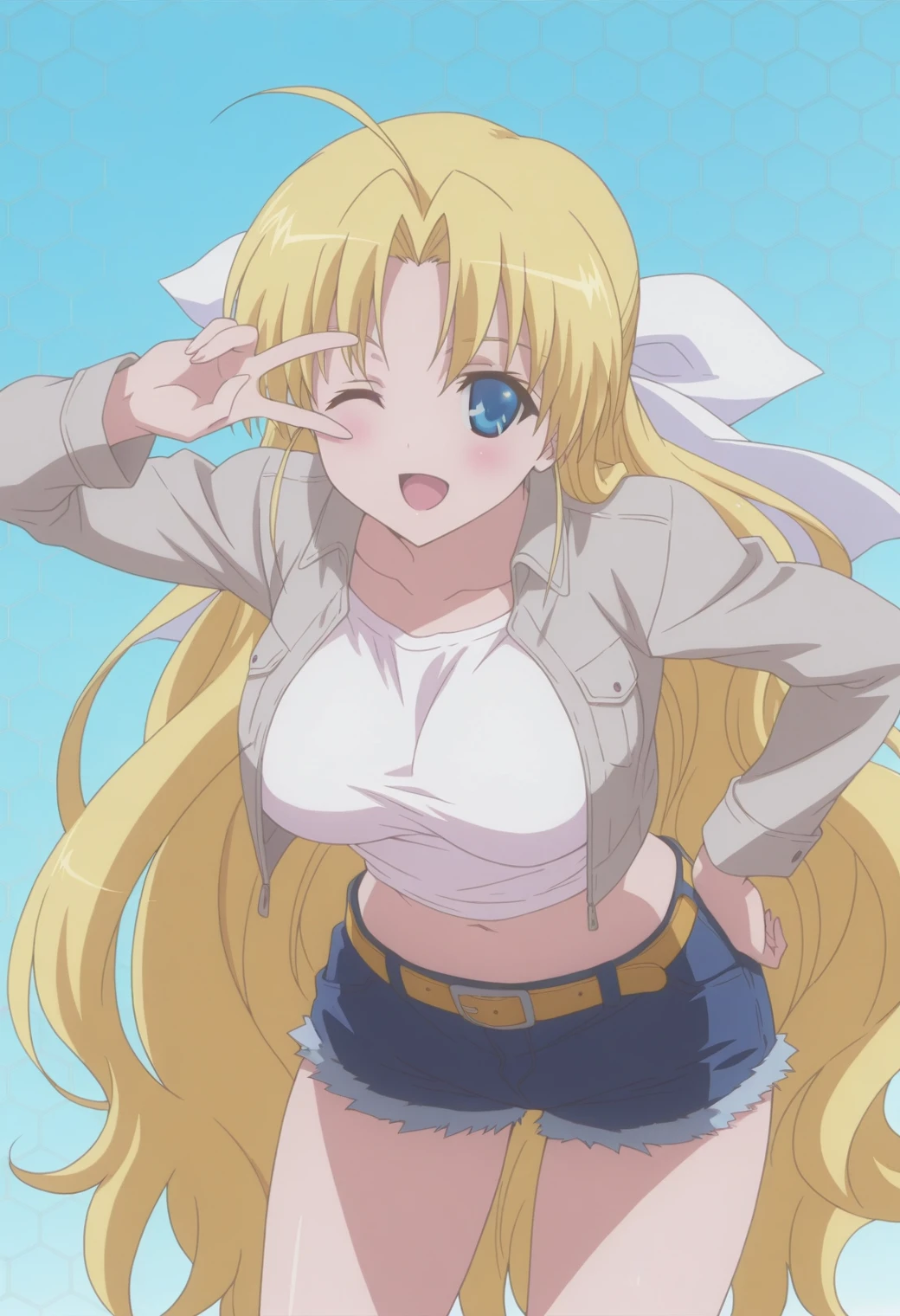 masterpiece, best quality, best quality, (Intricate detailed:1.2), beautiful eyes, 1girl, solo, outdoors, dessert, blue sky, cloudy, mountain, bokeh, lens flare, depth of field, seductive face, mouth closed, showing armpits, hands behind head, looking at viewer, kisaragi alice, yellow hair, blue eyes, hair ornament, flat chest, cowboy shot, wide shoot, fisheye, arms behind head, spread armpits, midriff, contrapposto, cowboy shot,