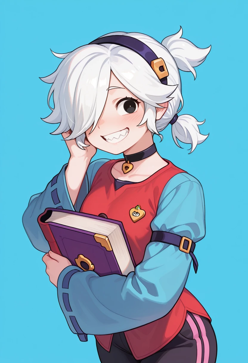 masterpiece, best quality, very aesthetic, absurdres, simple background, blue background,
BREAK 1girl, solo, coletteBS, white hair, short hair, small ponytail, hair band, hair covering one eye, choker, sharped teeth, black eyes, red shirt, blue sleeves, long sleeves, curved body, black pants, smile, holding a book, purple book,
BREAK <lora:Colette_Brawl_Stars__Illustrious:1>, <lora:Smooth_Booster_v2:0.25>, good hand, <lora:krekkov_style_ilxl_goofy:1>