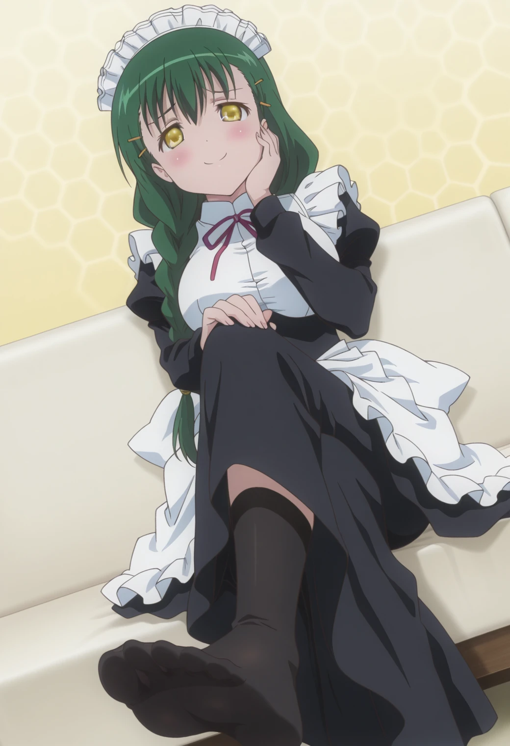 official art, official artstyle, game cg, bille, 1girl, solo, laying on bed, smile, green hair, ringed eyes, yellow eyes, snake eyes, nice hands <lora:envybetterhandsLocon_beta2:1.0> <lora:bille:0.8>