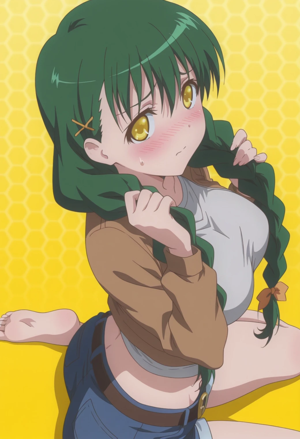 1girl, female focus, Asui Tsuyu, boku no hero academia, blush, no panties, masterpiece, best quality, very aesthetic, big ass, cute face, no pants, no panties, spread legs, open mouth, no shirt, hands on thighs