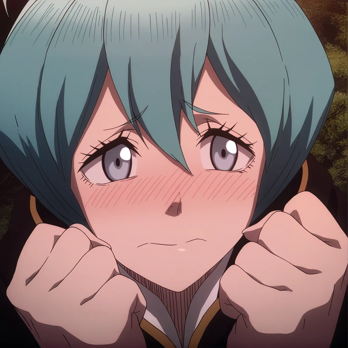 sharp focus, pixiv masterpiece, source_anime, score_9, absurd res, high res, (anime_screencap:1.2)
<lora:Grey_blackclover_IL_v36-000015:1>, masterpiece, best quality, score_9, grey_bc, 1girl, solo, grey-blue_eyes, cyan_hair, short_hair, antenna_hair, black_capelet, high-waisted_pants, sleeveless_shirt, portrait, hands_in_front_of_face, blushing, clenched_fists