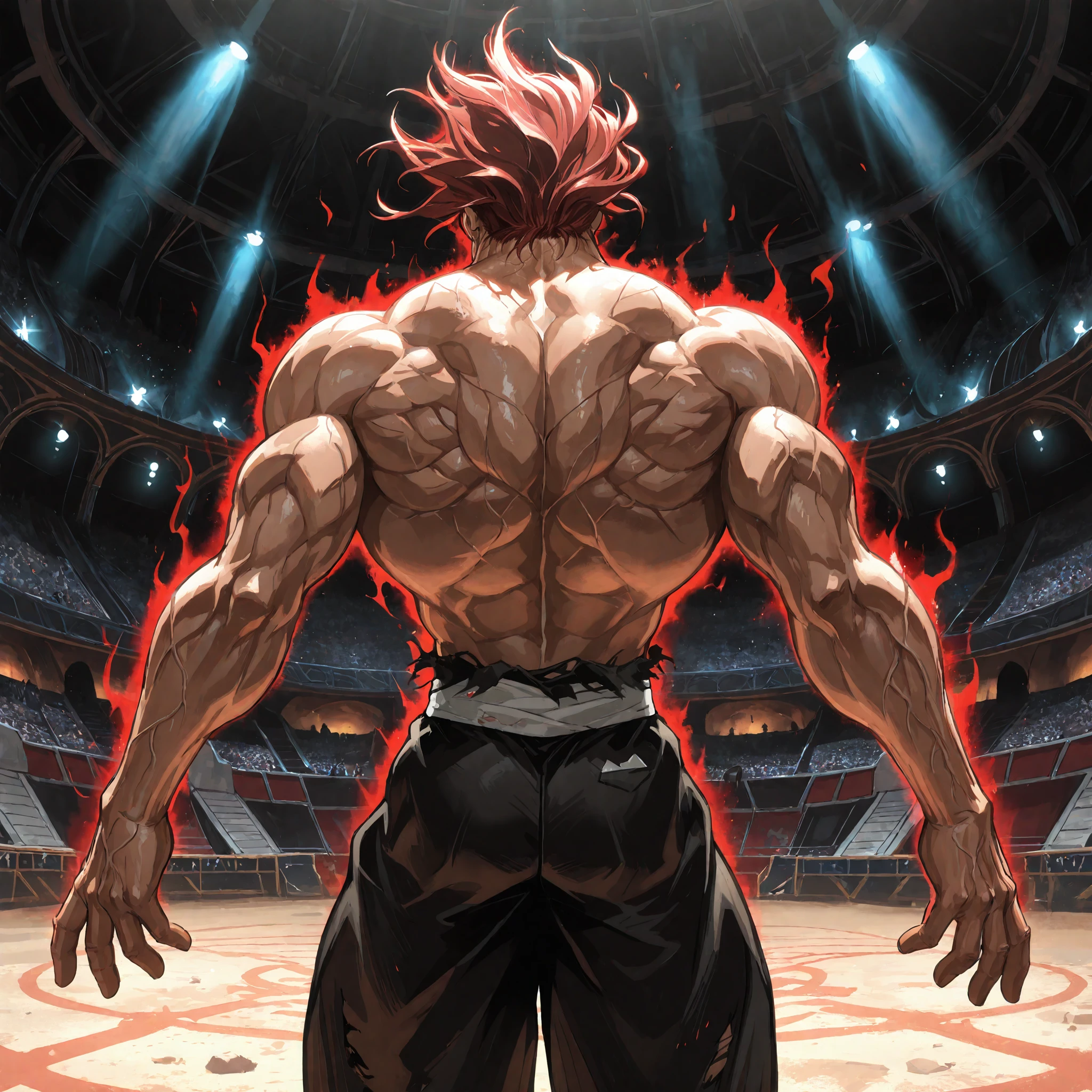 highres, <lora:Style-add_detail:1>,High quality,(Beautiful), ((masterpiece)),vibrant colors, solo,1boy, male focus, manly, muscular, muscular male, red hair, solo, spiked hair,shirtless, black pants, from behind,<lora:YujiroV1.5:1>