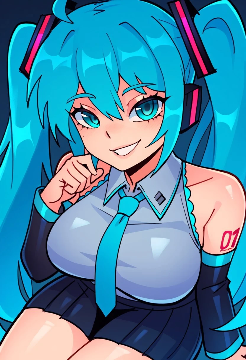 score_9, score_8_up, score_7_up, score_6_up, score_5_up, score_4_up, source_anime, <lora:confetti-extract- ponyxl:0.85>, detailed eyes, easynegative, rating_explicit, Expressiveh, 1girl, solo, jian, Big breasts, large breasts, smiling at viewer, lips, close up, close to viewer, blush
miku hatsune, ahoge, aqua eyes, aqua hair, crossed bangs, hair between eyes, hair ornament, headphones, long hair, twintails, aqua necktie, black skirt, black sleeves, collared shirt, detached sleeves, grey shirt, necktie, pleated skirt, shirt, skirt, sleeveless, sleeveless shirt, tie clip,
