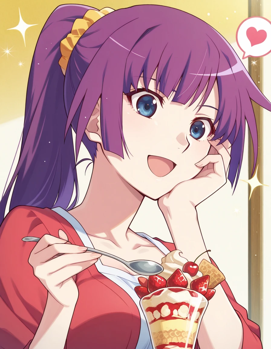 masterpiece, best quality, amazing quality,, <lora:hitagi-senjougahara-anime-illustriousxl-lora-nochekaiser:1>, hitagi senjougahara, long hair, bangs, ponytail, sidelocks, scrunchie, blue eyes, purple hair, breasts, anime screencap, <lora:parfait-illustriousxl-lora-nochekaiser:1>, parfait, open mouth, heart, food, sparkle, fruit, happy, hand on own face, spoken heart, ice cream, strawberry, spoon, hand on own cheek, cherry, holding spoon, , ,