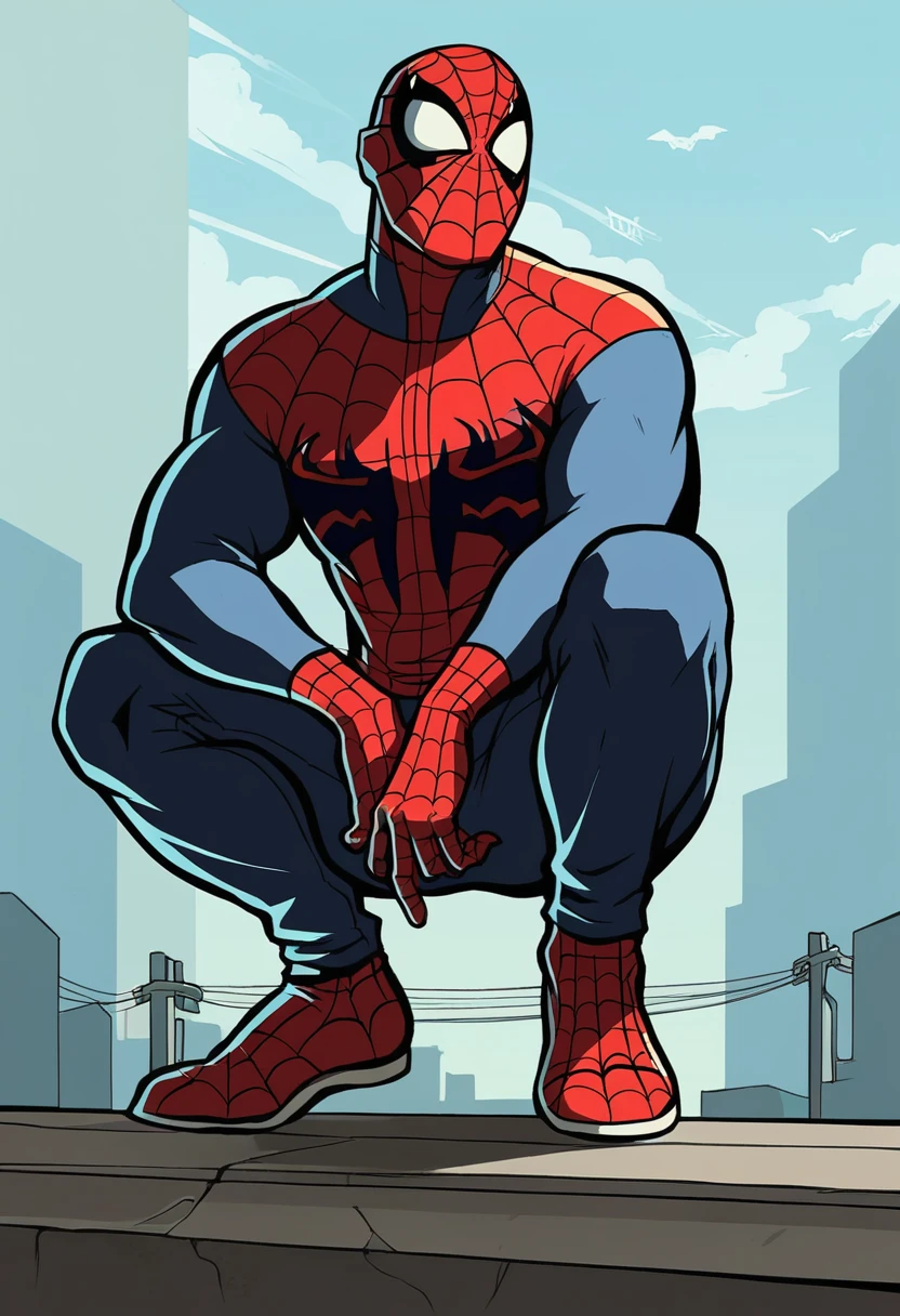 1boy, spider-man, solo, full body shot, squat on rooftop of skyscraper, megalopolis, <lora:GTA_SA_StylePonyV3B:0.8> gta_sa_style, score_9, score_8_up, score_7_up,