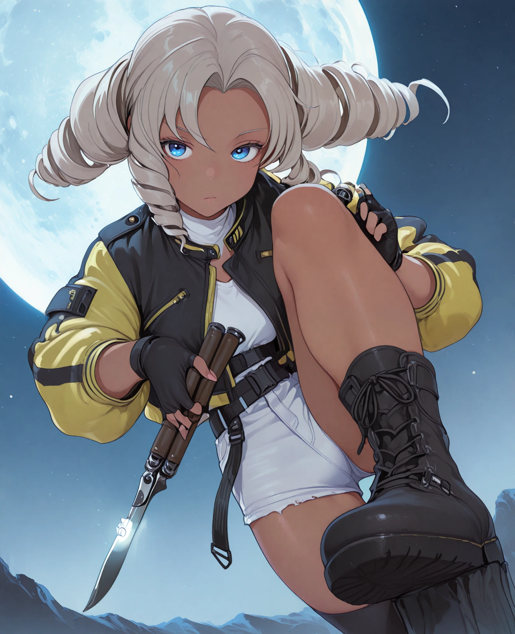 gloves, fingerless gloves, 1girl, boots, jacket, blue eyes, drill hair, white shirt, dark skin, holding balisong, moon