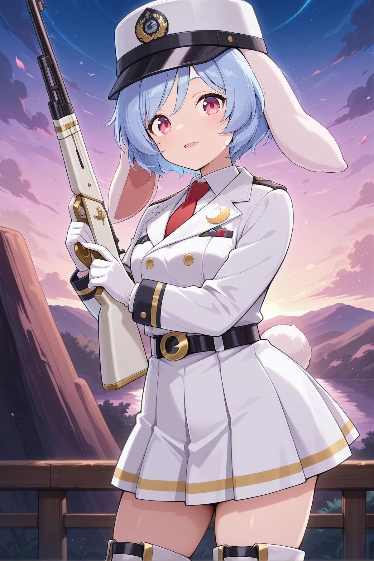 absurdres, highres, masterpiece, best quality, amazing quality, official anime artwork, screencap, anime screencap, outdoors, looking at viewer, light smile, dynamic pose,
<lora:Rei'sen_Illustrious:1> rei'sen, 1girl, solo, pink eyes, blue hair, short hair, rabbit ears, floppy ears, rabbit tail,, reisen \(white rabbit defensive team\), alternate costume, white hat, peaked cap, crescent pin, buttons, military uniform, gold trim, double-breasted, jacket, white jacket, long sleeves, collared shirt, white shirt, red necktie, white gloves, pleated skirt, white skirt, black belt, thigh boots, white boots, holding gun, white rifle, open mouth,