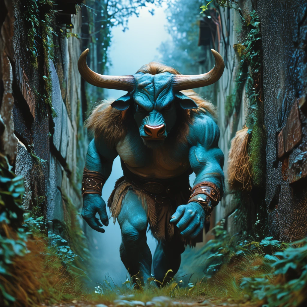 score_9, score_8_up, score_7_up, score_6_up, BREAK <lora:80sFantasyMovieMJ7Pony:1> 80s Fantasy Movie Still, The image shows a close-up of a mythical creature with large horns on its head. The creature appears to be a bull or a monster with a muscular body and sharp teeth. It is walking through a narrow alleyway with stone walls on either side. The walls are covered in moss and lichen and the ground is covered in dry grass. The background is a pale blue sky and there is a hint of fog or mist in the air. The overall mood of the image is dark and ominous.