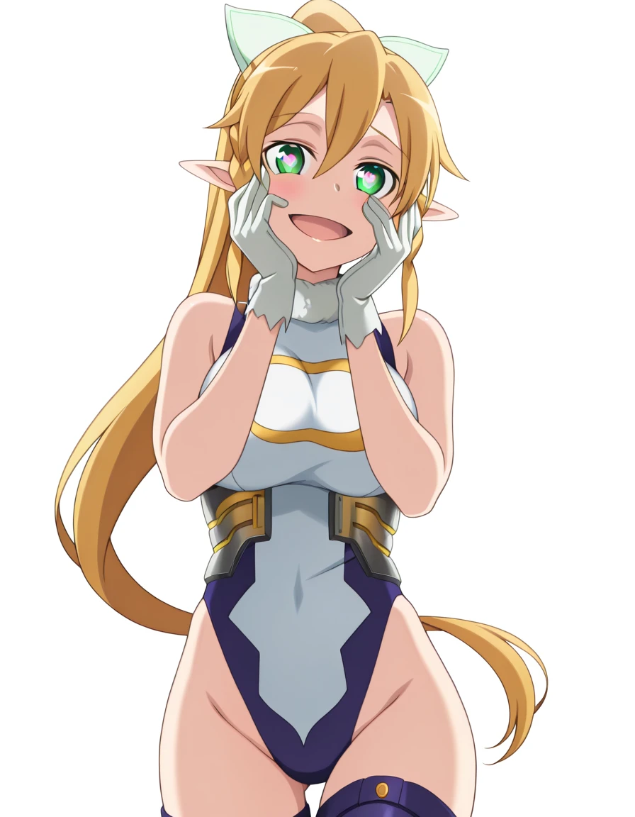 masterpiece, best quality, amazing quality,, <lora:suguha-kirigaya-s1-illustriousxl-lora-nochekaiser:1>, suguha kirigaya, leafa (sao), long hair, blonde hair, hair between eyes, green eyes, ponytail, braid, pointy ears, twin braids, mature female, breasts, anime screencap, <lora:mirko-cosplay-illustriousxl-lora-nochekaiser:1>, mirko cosplay, mirko (cosplay), thighhighs, gloves, sleeveless, white gloves, leotard, turtleneck, highleg, highleg leotard, fur collar, sleeveless turtleneck, turtleneck leotard, sleeveless turtleneck leotard, crescent print,, <lora:yandere-trance-illustriousxl-lora-nochekaiser:1>, yandere trance, yandere, hands on own cheeks, hands on own face, crazy eyes, crazy smile, crazy, heart-shaped pupils, glowing eyes, symbol-shaped pupils, hand on own face, open mouth, glowing, blush, looking at viewer,, slit_pupils, , <lora:transparent-background-illustriousxl-lora-nochekaiser:1>, transparent background, simple background, white background, ,