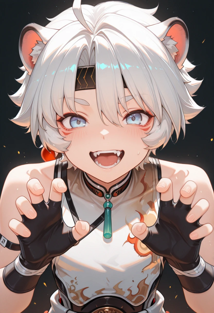 masterpiece, best quality, amazing quality, very aesthetic, high resolution, ultra-detailed, absurdres,
lingyang, gloves, solo, 1boy, fingerless gloves, headband, looking at viewer, open mouth, black gloves, fangs, grey eyes, claw pose, short hair, upper body, smile, ahoge, bare shoulders, sleeveless