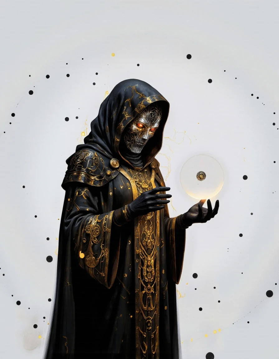 By Monstfactum.
A digital illustration shoot from a frontal camera angle about a mysterious figure in a dark, hooded cloak with glowing accents, interacting with a glowing orb. the image also shows intricate patterns and ornate details on the character's clothing. on the middle of the image, a 1woman, who appears to be in her mid-twenties, with a slim body, is standing with her upper body facing the viewer. she is wearing a black hooded robe with intricate gold patterns, and she has glowing red eyes that seem to be looking directly at them. her face is covered in a glowing, metallic mask that covers her entire face. she has black gloves on her hands and is holding a small, circular object in her right hand, which is floating in the air. the background is a simple gradient of light grey with small black dots scattered throughout, giving the image a sci-fi feel.