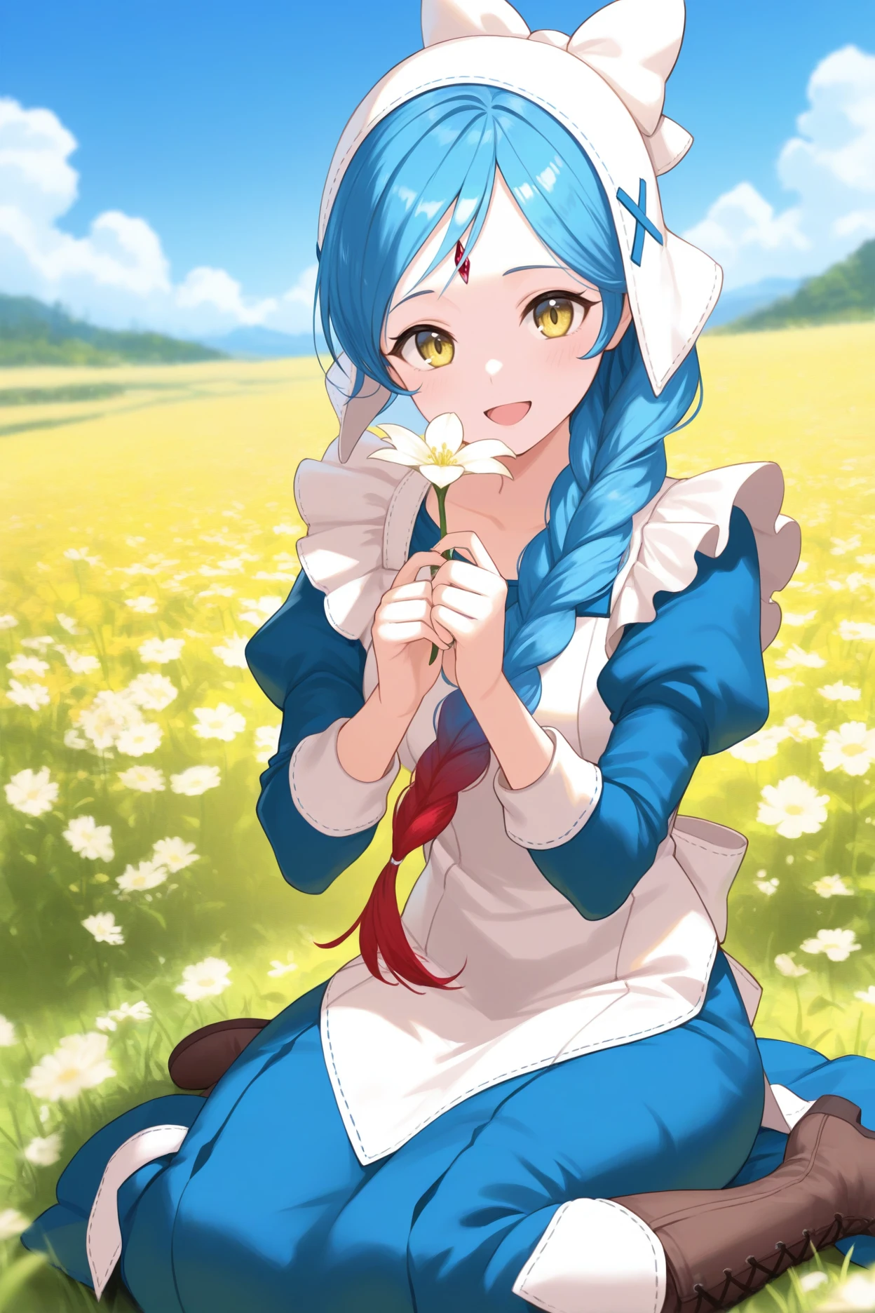 masterpiece, best quality, 1girl, solo, <lora:felilith-illu-nvwls-v1-000006:1> fellth, blue hair, long hair, multicolored hair, single braid, yellow eyes, forehead jewel, white bonnet, frilled apron, white apron, blue dress, Juliet sleeves, brown boots, lace-up boots, wariza, holding flower, smile, flower field, looking at viewer, open mouth, blue sky