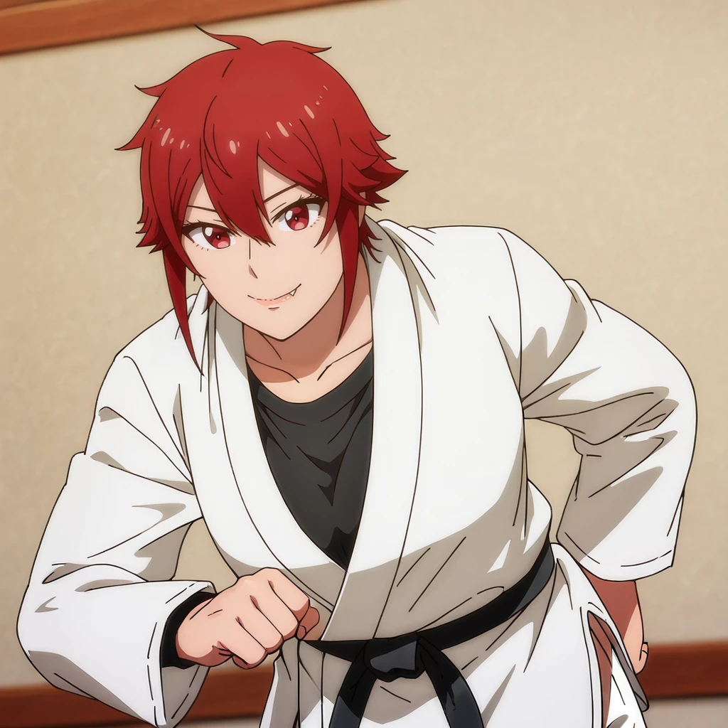 <lora:Tomo_illustrious_v1:1>TomoKarate, 1girl, dougi, red hair, red eyes, fang out, short hair, hair between eyes, black belt, collarbone, long sleeves, martial arts belt, black shirt, shiny hair, cowboy shot