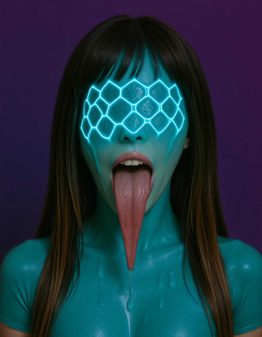 <lora:dmd2_sdxl_4step_lora_fp16:1.0>,
<lora:Honeycomb_Alien-000008:1.1> honeycomb_face, faceless alien,
Neon Jadefire Straight long hair with lip-length bangs,
Twin serpent coils,
(long_tongue:1.3),tongue out,
open mouth, teeth,
slime (substance), veins in hex,
gradient background,