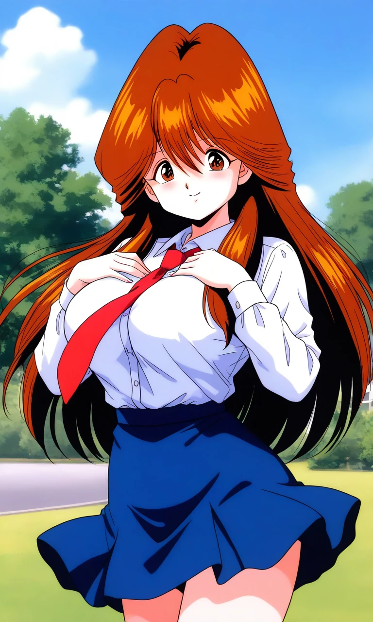 general,highres, ultra-detailed,very aesthetic,best quality , BREAK <lora:Kawai_Iyona_magical_taruruuto-kun_Ver2.0_IS:1>
Kawai_Iyona, 1girl, solo, long hair, brown hair, brown eyes, bangs, large breasts, hair between eyes,
smile, red necktie, blue skirt, smile, shirt, long sleeves, looking at viewer, white shirt,
cowboy_Shot, collared shirt, hand on own chest, outdoor, day,
