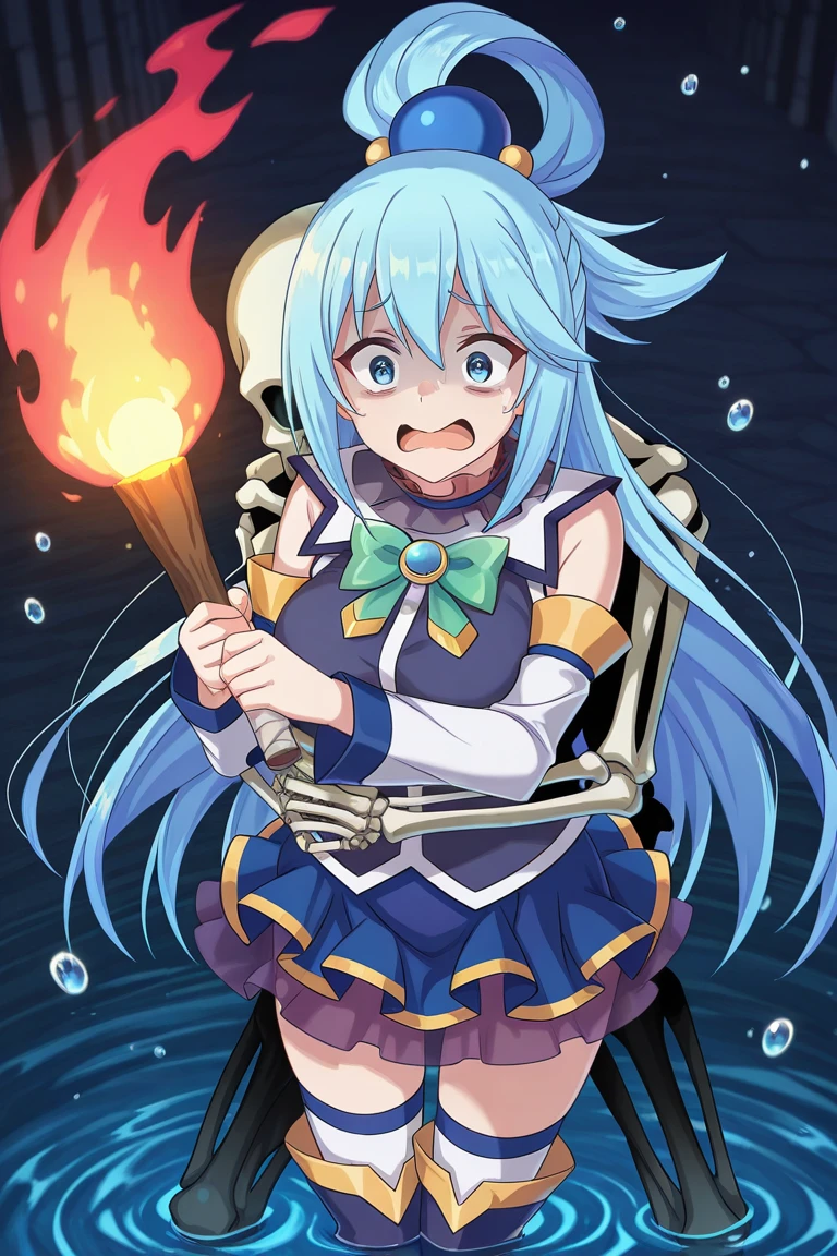 masterpiece,best quality,amazing quality, 1girl, aqua \(konosuba\), holding torch, water drop, skeleton, scared, hug from behind, darkness, KonosubaFantasticDays-Liver020