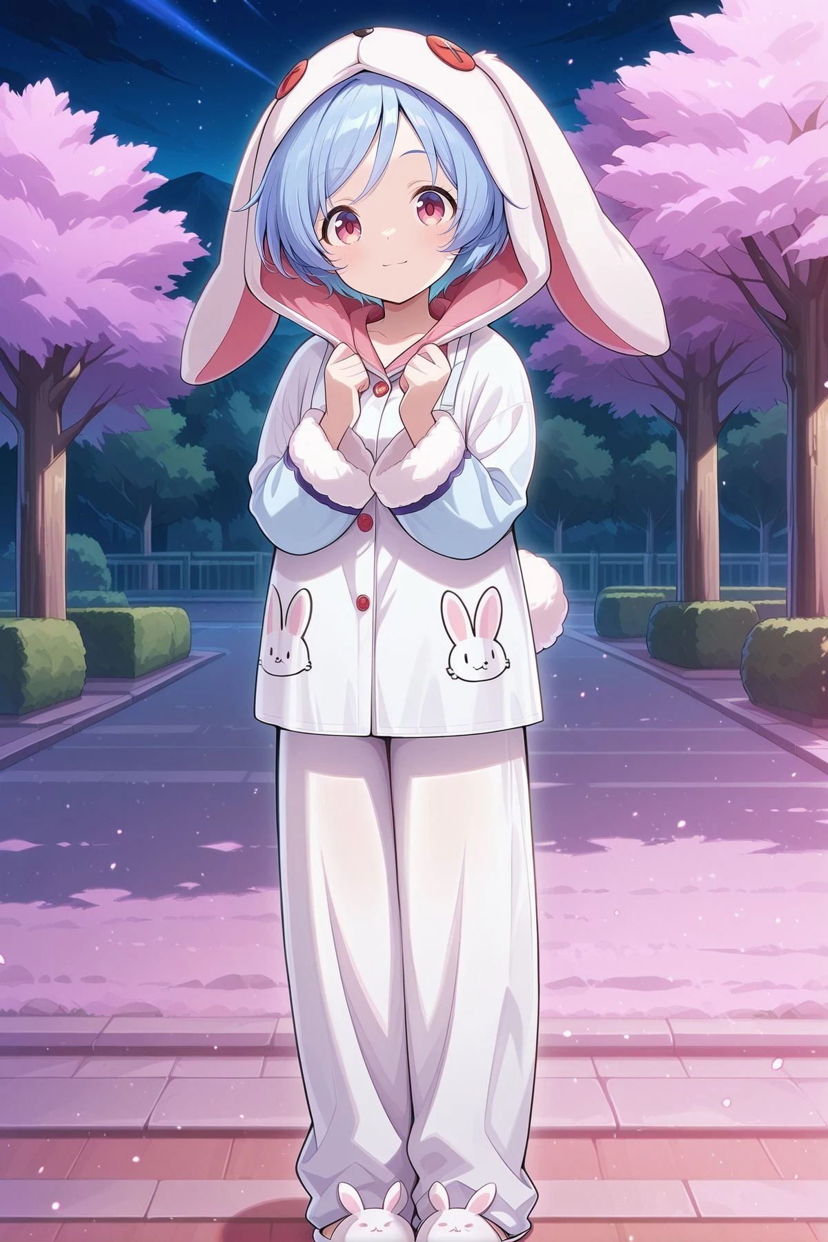 absurdres, highres, masterpiece, best quality, amazing quality, official anime artwork, screencap, anime screencap, outdoors, looking at viewer, light smile, dynamic pose,
<lora:Rei'sen_Illustrious:1> rei'sen, 1girl, solo, pink eyes, blue hair, short hair, rabbit ears, floppy ears, rabbit tail,, reisen \(mischievous good girl rabbit\), alternate costume, rabbit hood, hood up, pajamas, white shirt, fur-trimmed sleeves, white pants, long sleeves, white slippers, stuffed rabbit, rabbit print, character print, night,