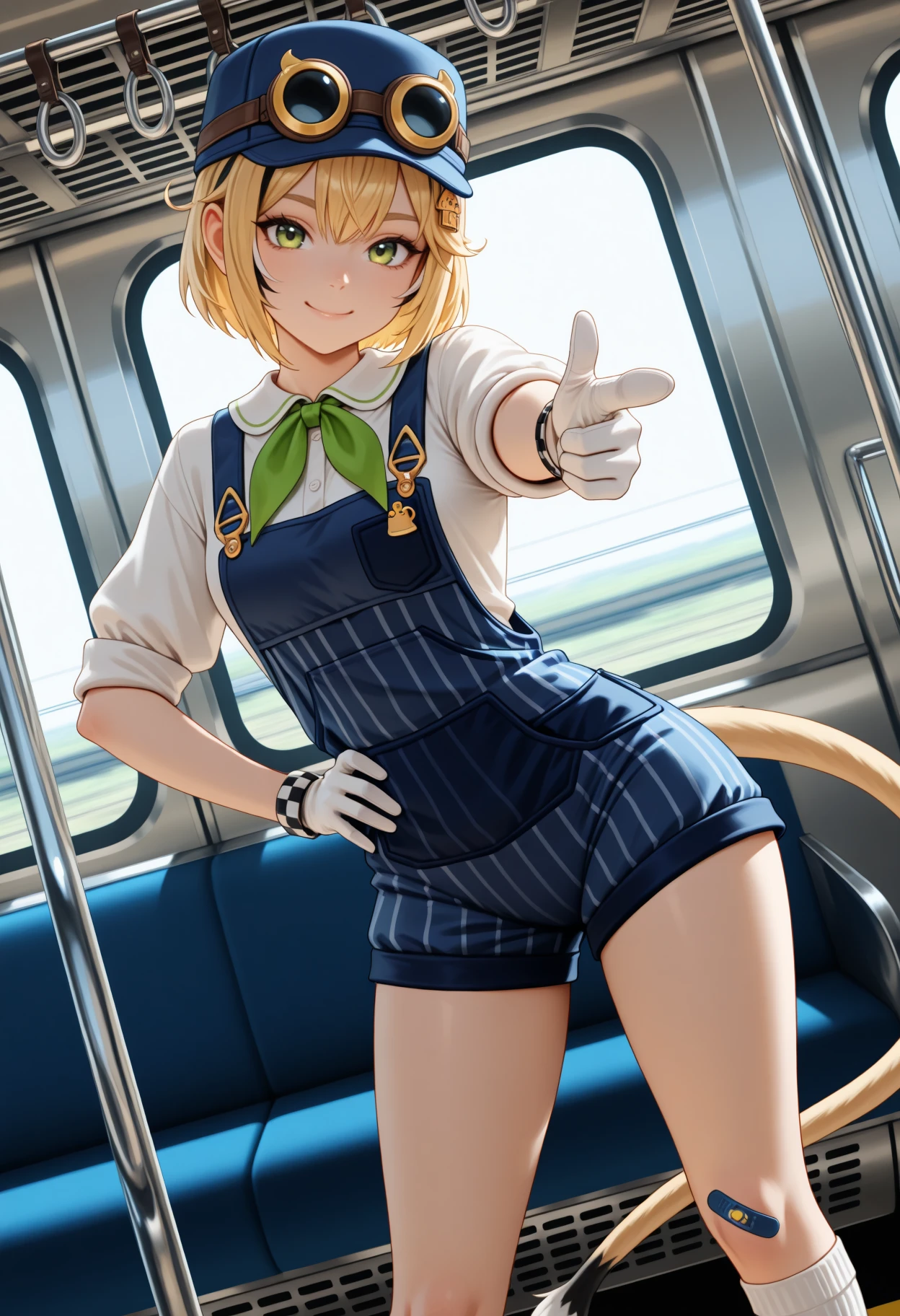 masterpiece, best quality, 1girl, solo, D00byDef, green eyes, blonde hair, streaked sidelocks, black hair, short hair, hair ornament, blue hat, googles on headwear, green neckerchief, white shirt, sleeves rolled up, overall shorts, vertical-striped overalls, white gloves, bracelet, bandaid on knee, white socks, tail, looking at viewer, smile, finger gun, pointing at viewer, dutch angle, train interior, contrapposto, hand on hip, <lora:ChamDoobyNoob:1>