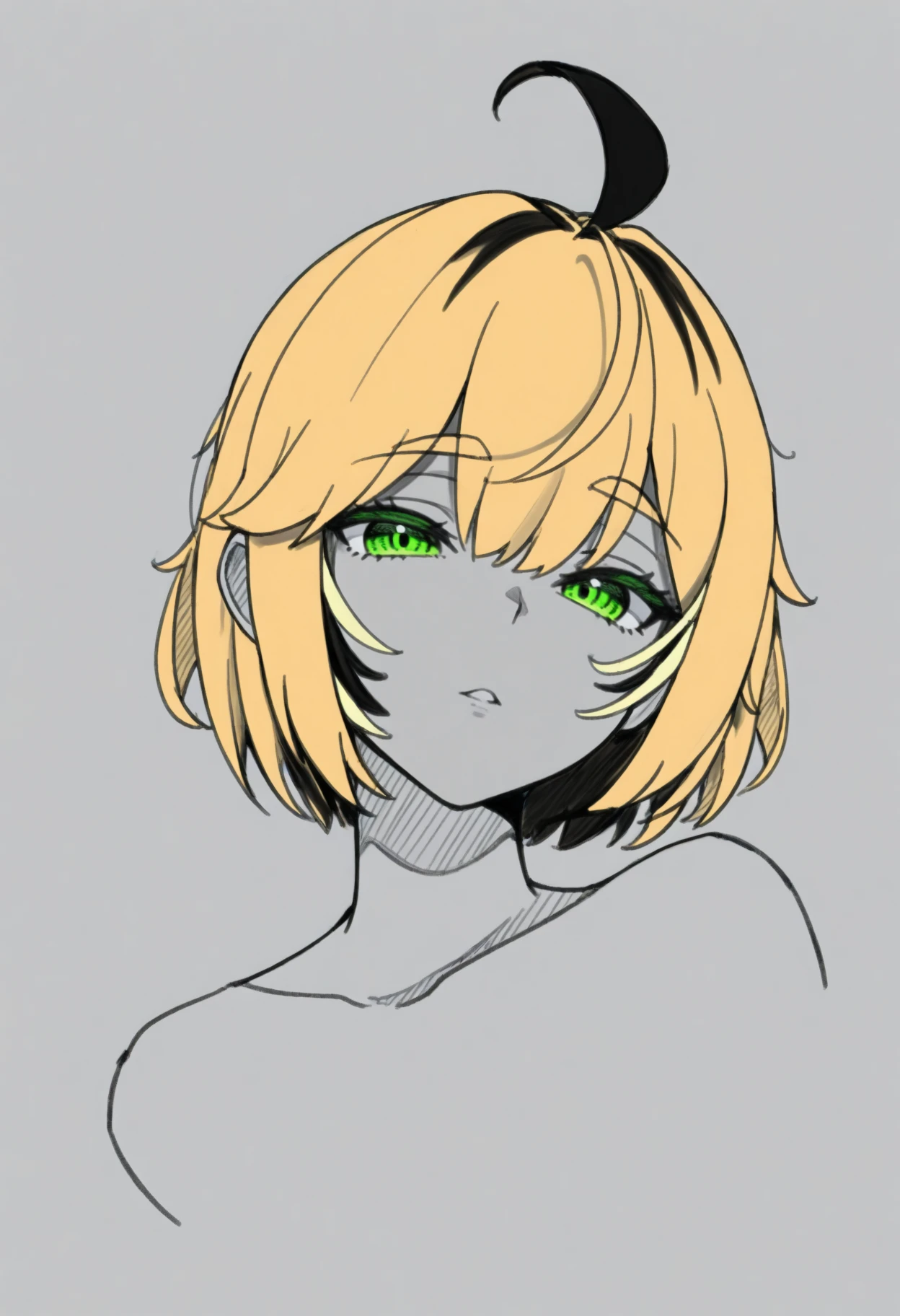 masterpiece, best quality, 1girl, solo, D00by, green eyes, multicolored hair, blonde hair, black hair, short hair, ahoge, greyscale, spot color, monochrome, lineart, sketch, graphite \(medium\), traditional media, cropped torso, three quarter view, parted lips, looking at viewer, <lora:ChamDoobyNoob:1>