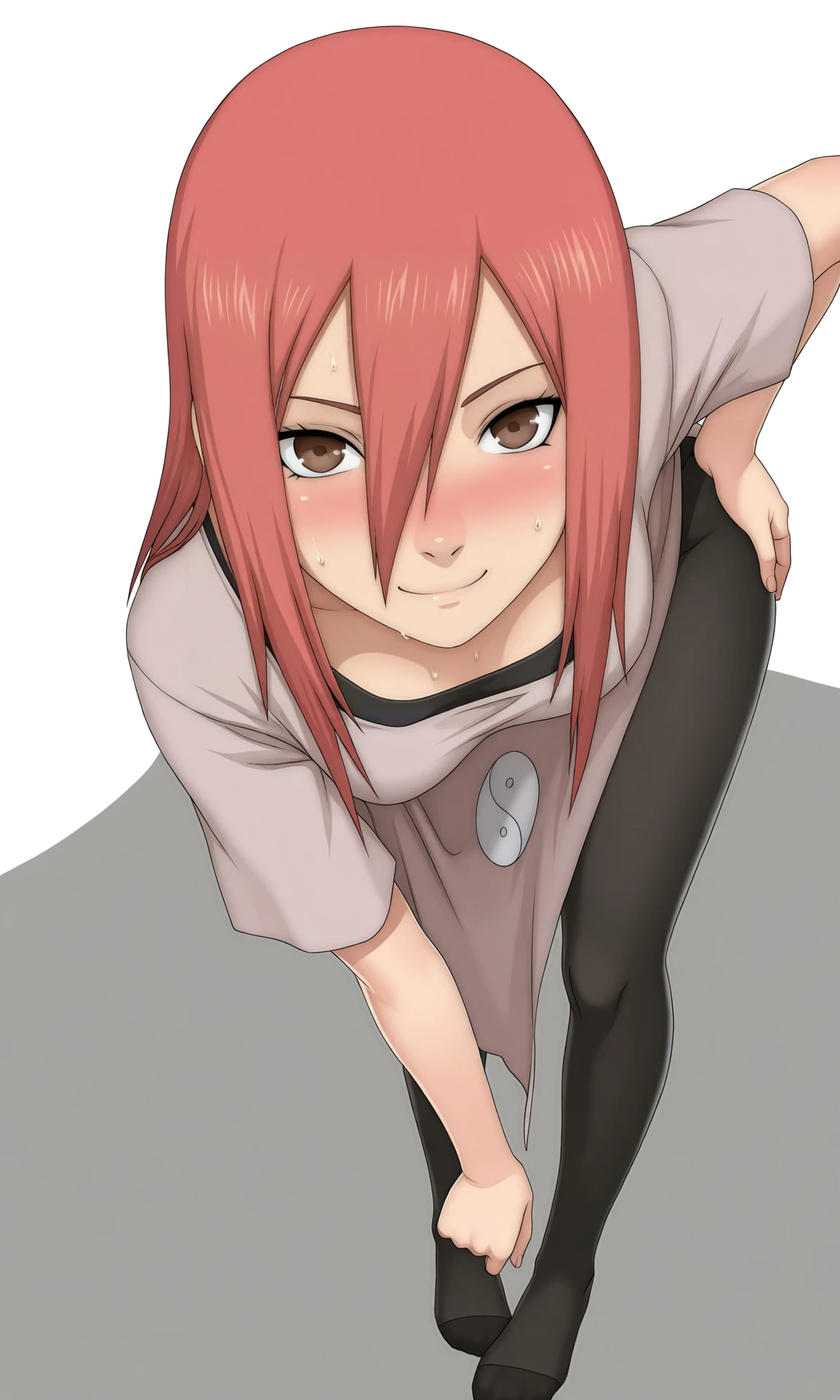 masterpiece, best quality,
game cg, dynamic pose,
leaning forward, close-up, dutch angle, hand on hip,  
tyyns, 1girl, solo, looking at viewer, brown eyes,  hair between eyes,
long hair, tunic, medium breasts, 
symbol, ying yang,
black pantyhose, no shoes,
toless footwear,
, sweat, nose blush, smile, 
white background, simple background,
<lora:Naruto_Tayuya_NAIXL:1>
