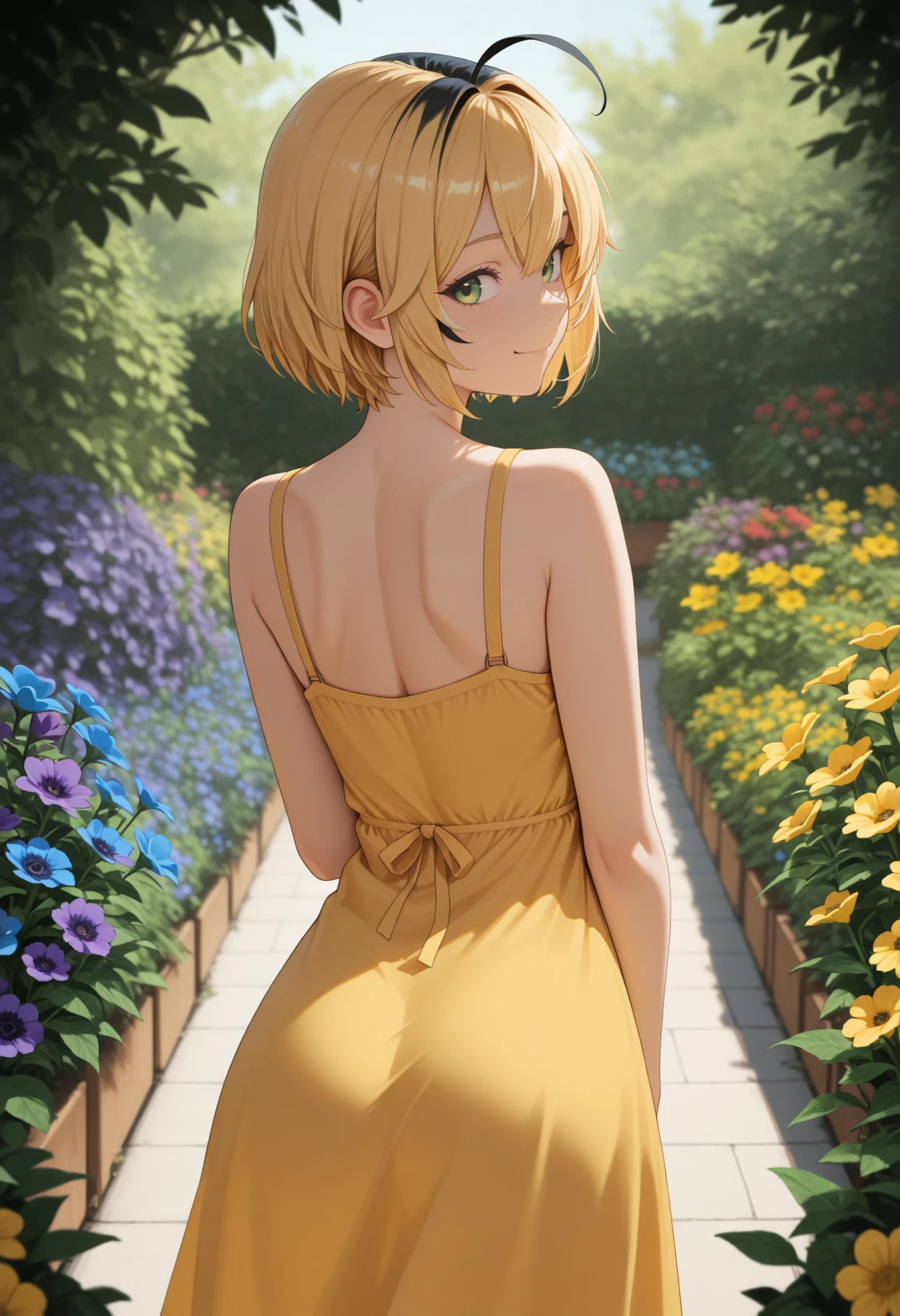masterpiece, best quality, 1girl, solo, D00by, green eyes, multicolored hair, blonde hair, black hair, short hair, ahoge, from behind, outdoors, garden, flower, red flower, blue flower, purple flower, yellow flower, looking back, yellow sundress, shoulder blades, sleeveless, smile, <lora:ChamDoobyNoob:1>