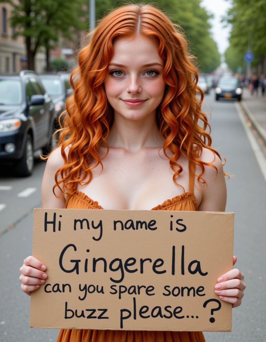 <lora:Gingerella_-_OC_For_Flux:1> a realistic cinematic photo of g1ng3r3ll4_flux woman with ginger hair, olive green eyes, freckles, long curly and wavy hair, her body type is petite and busty, She wears a sundress and stands on a street corner smiling while holding a sign that says "Hi my name is Gingerella can you spare some buzz please?"