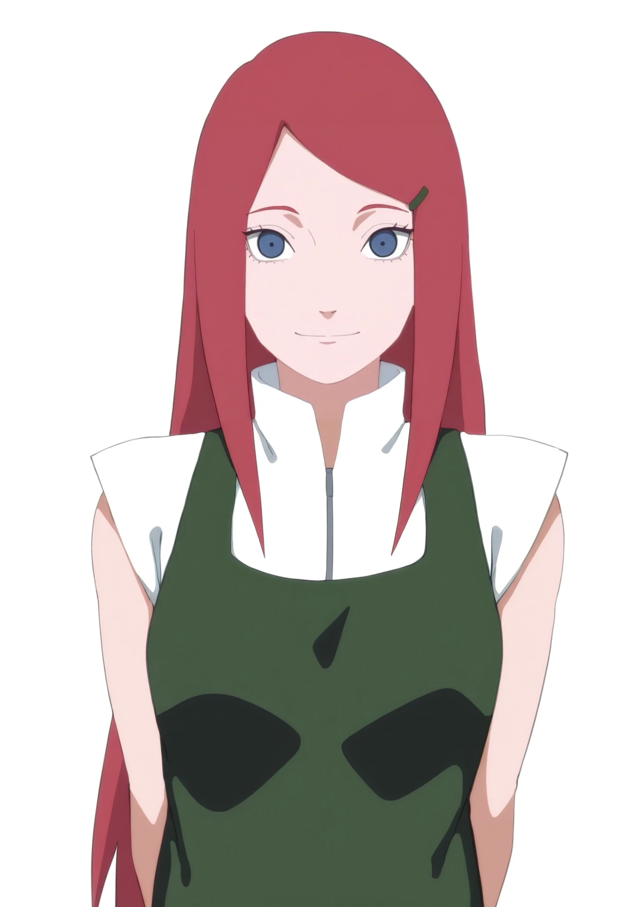 anime coloring, anime screencap, newest, (artist:keihh:0.9), (artist:ojipon:0.6), (artist:asiri senpai:0.8), (artist:eufoniuz:0.5),
1girl, kushina,  long hair, red hair, blue eyes,
apron, standing, hairclip,
upper body,
smile, looking at viewer, simple background, white background,  <lora:KushinaUzumakiNoobXL_byKonan:1>