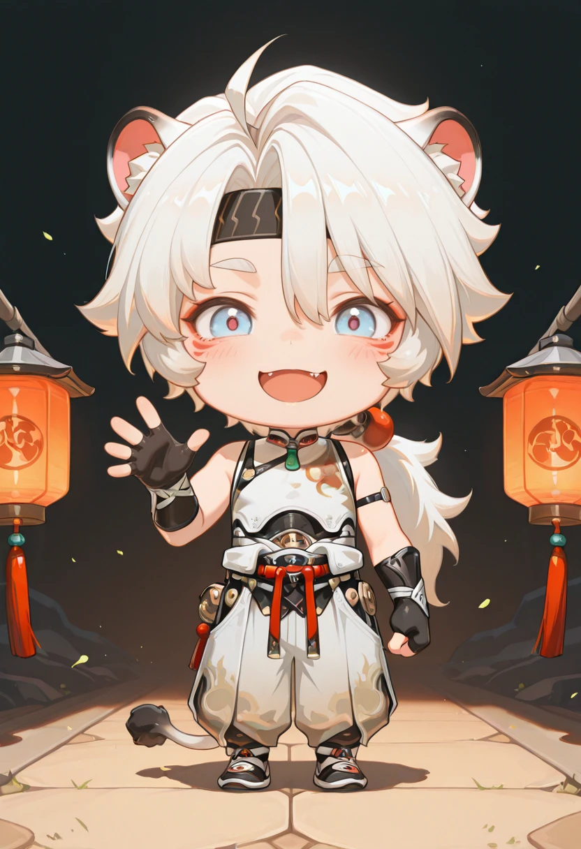 masterpiece, best quality, amazing quality, very aesthetic, high resolution, ultra-detailed, absurdres,
lingyang, 1boy, chibi, tail, gloves, fingerless gloves, male focus, headband, black gloves, looking at viewer, solo, fang, full body, smile, long hair, open mouth, waving, facial mark, ponytail, lantern