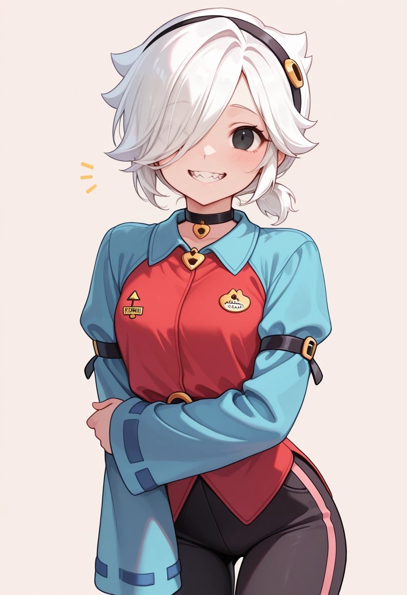 masterpiece, best quality, very aesthetic, absurdres, simple background,
BREAK 1girl, solo, coletteBS, white hair, short hair, small ponytail, hair band, hair covering one eye, choker, sharped teeth, black eyes, red shirt, blue sleeves, long sleeves, curved body, black pants, smile,
BREAK <lora:Colette_Brawl_Stars__Illustrious:1>, <lora:Smooth_Booster_v2:0.25>, good hand,