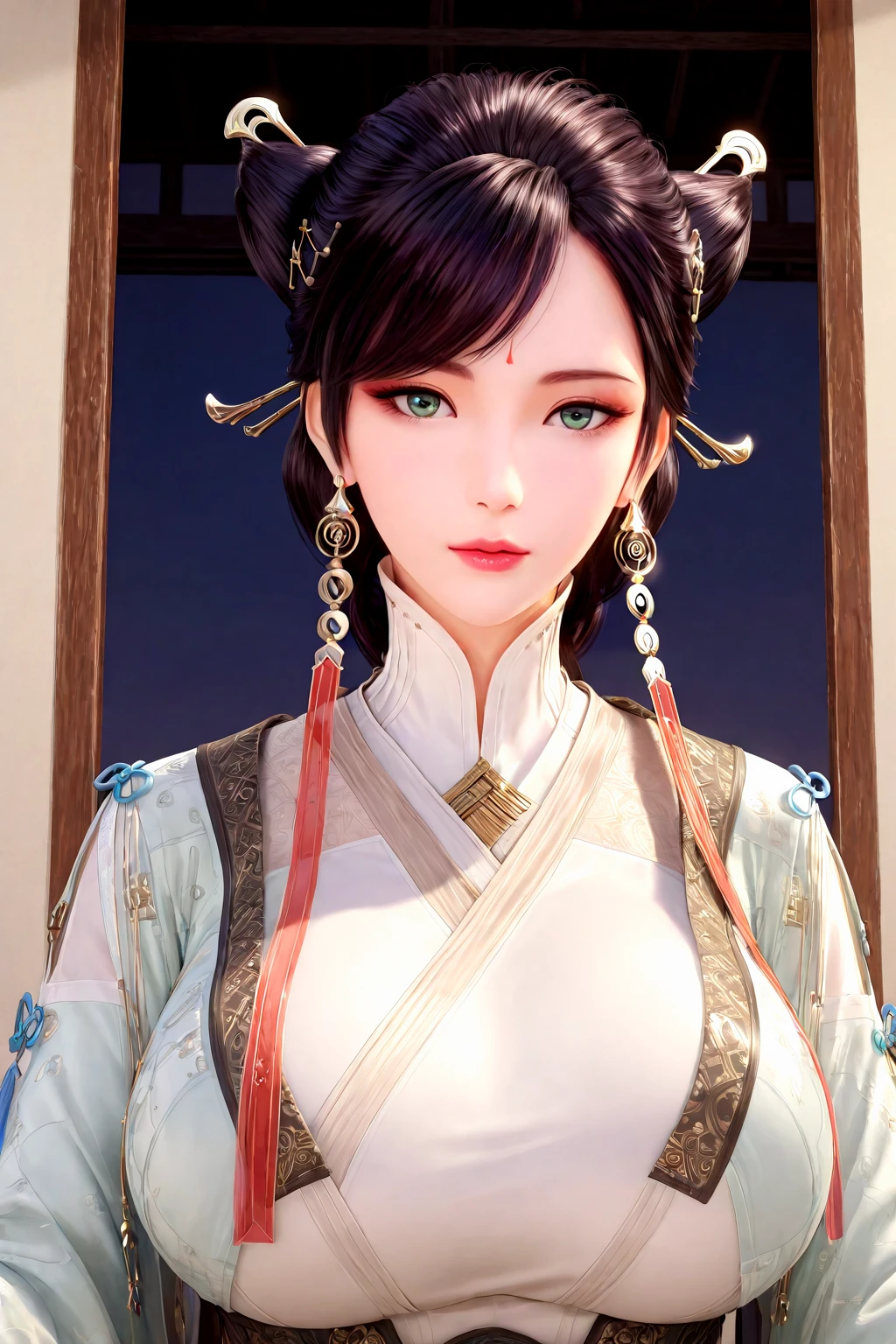 best quality, masterpiece, high_res, 1girl, hair ornament, necklace, jewelry, Beautiful face, tyndall effect, photo realistic, rim lighting, two tone lighting, (high detailed skin:1.2), 8k uhd, dslr, soft lighting, high quality, volumetric lighting, candid, Photograph, high resolution, 4k, 8k, Bokeh, medium breasts, absurdres,