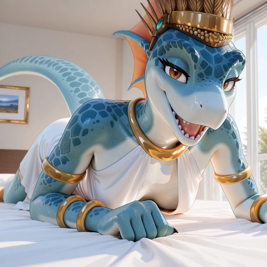 1girl, highres, absurdres, newest, masterpiece, best quality, furry, furry_female, tayanna_wh, vlizardman, blue scales, brown eyes, head fins, tail, anthro, 1girl detailed eyes, golden bracelets, headgear, (white dress, modest dress, modest clothing), (on_bed, on_stomach), open_mouth, open mouth smile, luxurious detailed room, bright room, day scene, professional lighting, white bed, solo, bedroom, smiling, seductive, looking_at_viewer, masterpiece, close up, safe