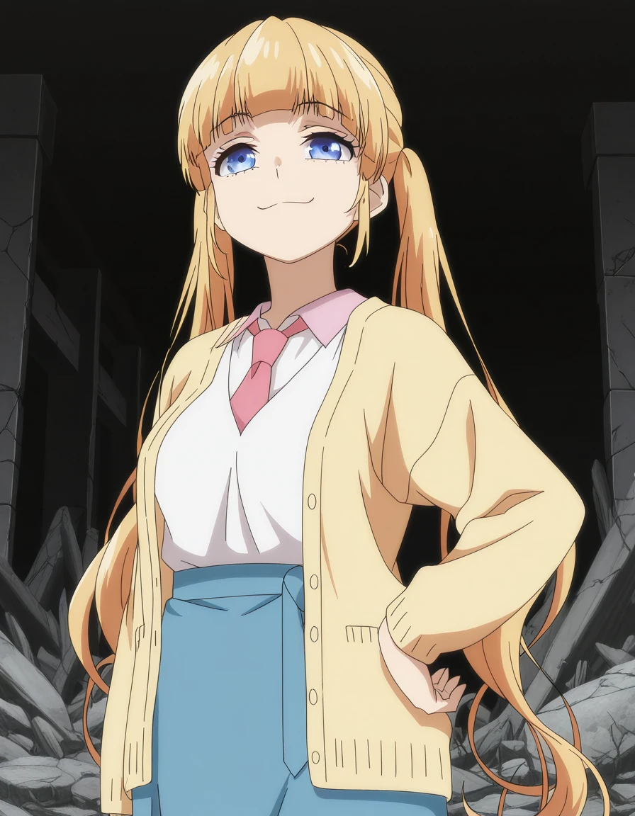masterpiece, best quality, amazing quality,, <lora:sena-narumi-s1-illustriousxl-lora-nochekaiser:1>, sena narumi, long hair, blue eyes, blonde hair, twintails, mature female, medium breasts, anime screencap, shirt, necktie, cardigan, white shirt, collared shirt, yellow cardigan, skirt, blue skirt,, smug, hand on own hip,, ruins, old, stone, history, fallen, cowboy shot, solo, looking at viewer,