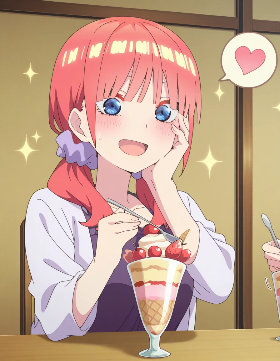 masterpiece, best quality, amazing quality,, <lora:nino-nakano-honeymoon-illustriousxl-lora-nochekaiser:1>, nino nakano, bangs, blue eyes, hair ornament, twintails, pink hair, blunt bangs, medium hair, scrunchie, eyebrows hidden by hair, purple scrunchie, mature female, breasts, anime screencap, <lora:parfait-illustriousxl-lora-nochekaiser:1>, parfait, open mouth, heart, food, sparkle, fruit, happy, hand on own face, spoken heart, ice cream, strawberry, spoon, hand on own cheek, cherry, holding spoon, , ,