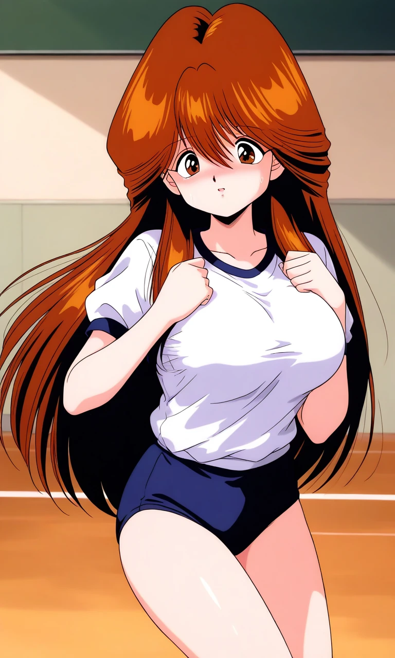 general,highres, ultra-detailed,very aesthetic,best quality , BREAK <lora:Kawai_Iyona_magical_taruruuto-kun_Ver2.0_IS:1>
Kawai_Iyona, 1girl, solo, long hair, brown hair, brown eyes, bangs, large breasts, hair between eyes,
gym uniform,white shirt, dark blue buruma,