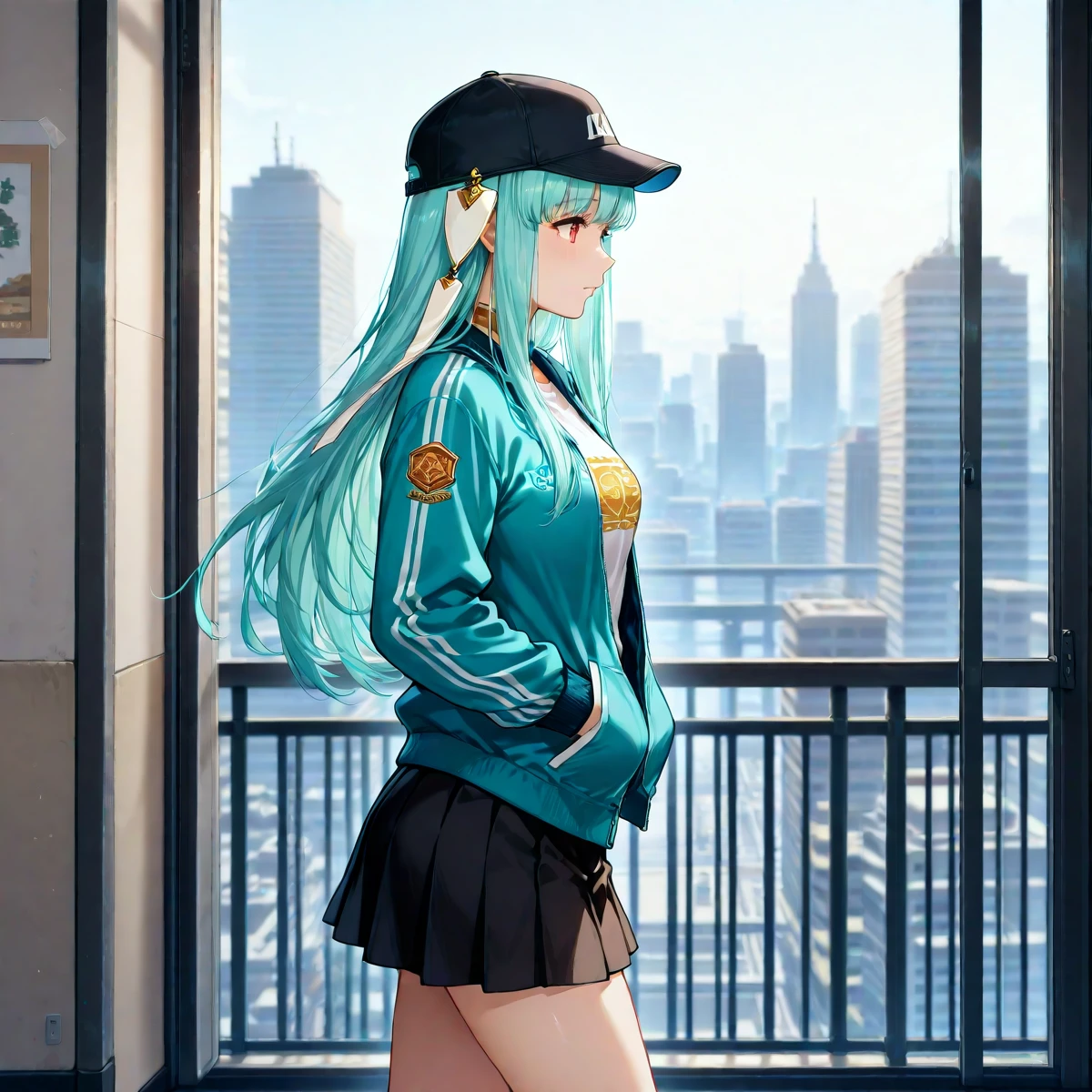 <lora:Hyper-SDXL-8steps-lora:.9>, (masterpiece),(best quality),(ultra-detailed),(best illustration),(absurdres),(detailed background),(very aesthetic), solo , <lora:Ninian-ILXL-10:1> ninian, baseball cap, t-shirt, jacket, skirt, city skyline, from side, walking pose