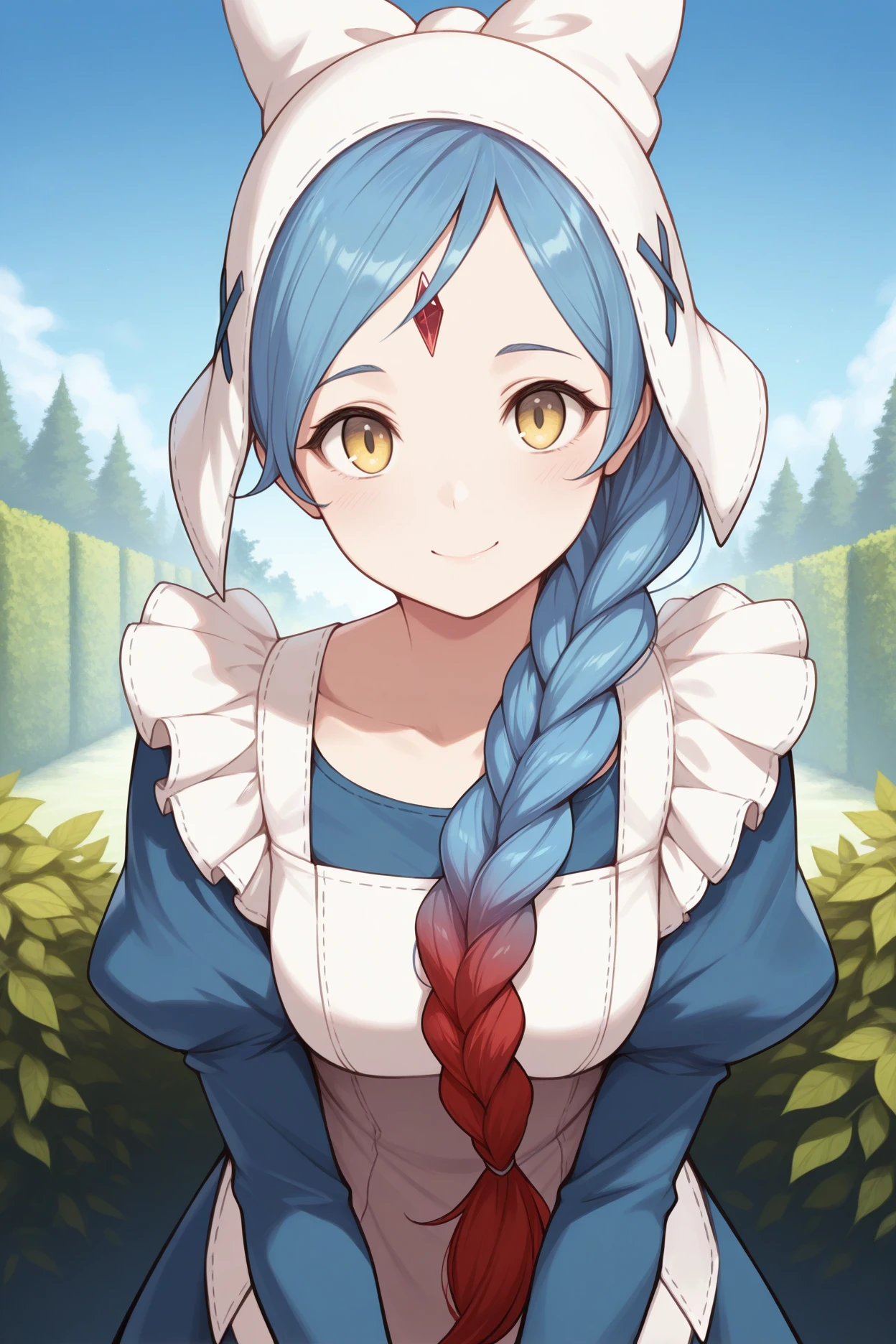 masterpiece, best quality, 1girl, solo, <lora:felilith-illu-nvwls-v1-000006:1> fellth, blue hair, long hair, multicolored hair, single braid, yellow eyes, forehead jewel, white bonnet, frilled apron, white apron, blue dress, Juliet sleeves, upper body, looking at viewer, smile, trees, hedges, blue sky